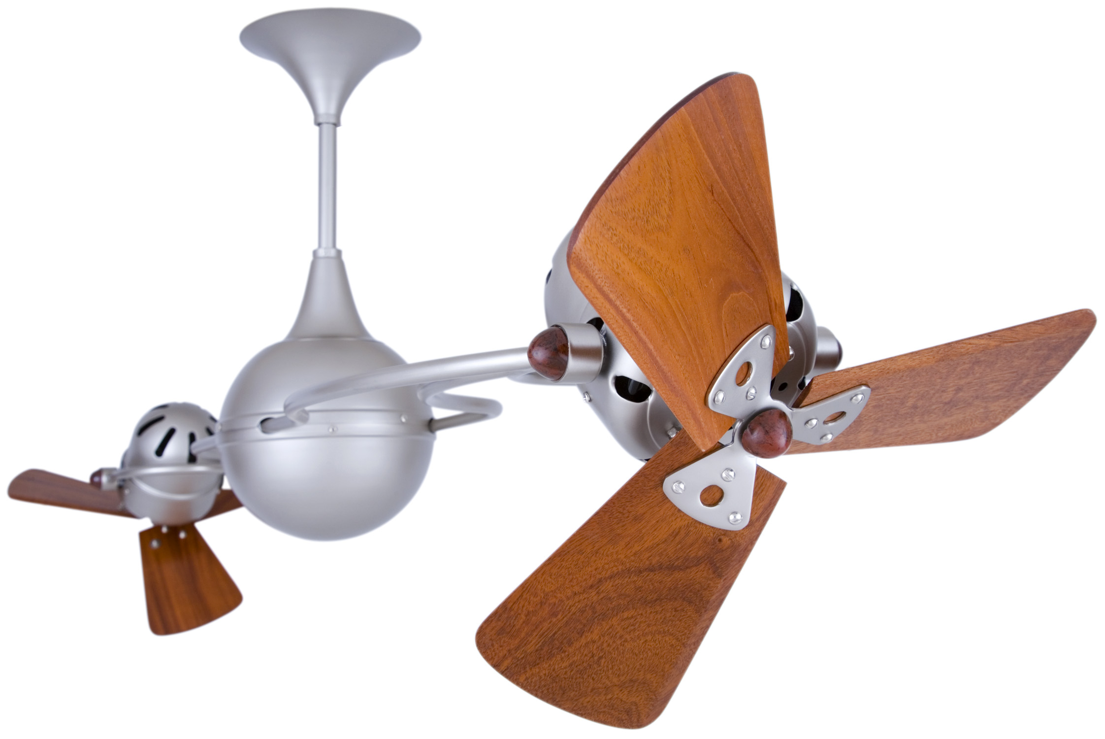 Italo Ventania Rotational Dual Head Ceiling Fan in Brushed Nickel Finish with Mahogany Wood Blades