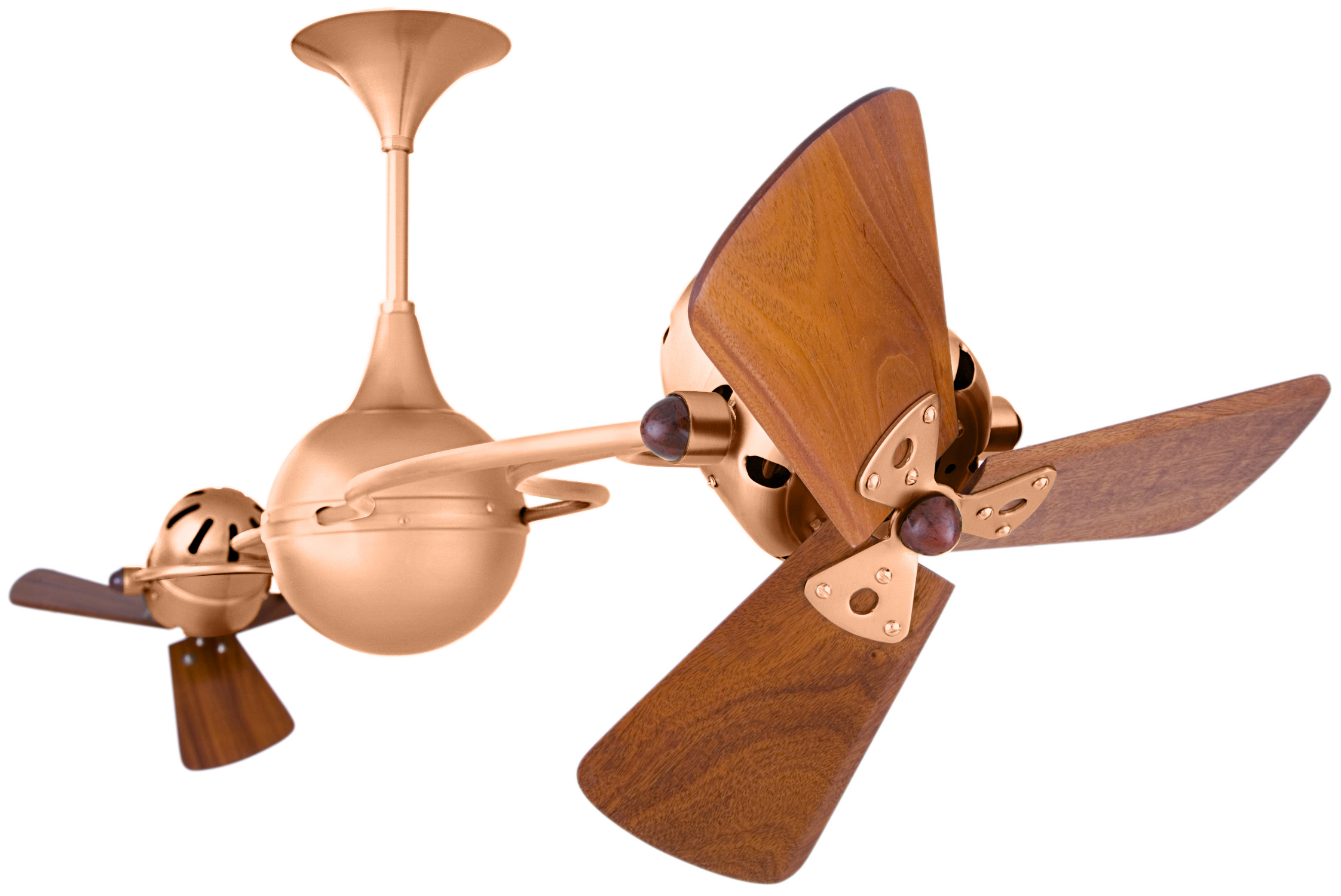 Italo Ventania Rotational Dual Head Ceiling Fan in Brushed Copper Finish with Mahogany Wood Blades
