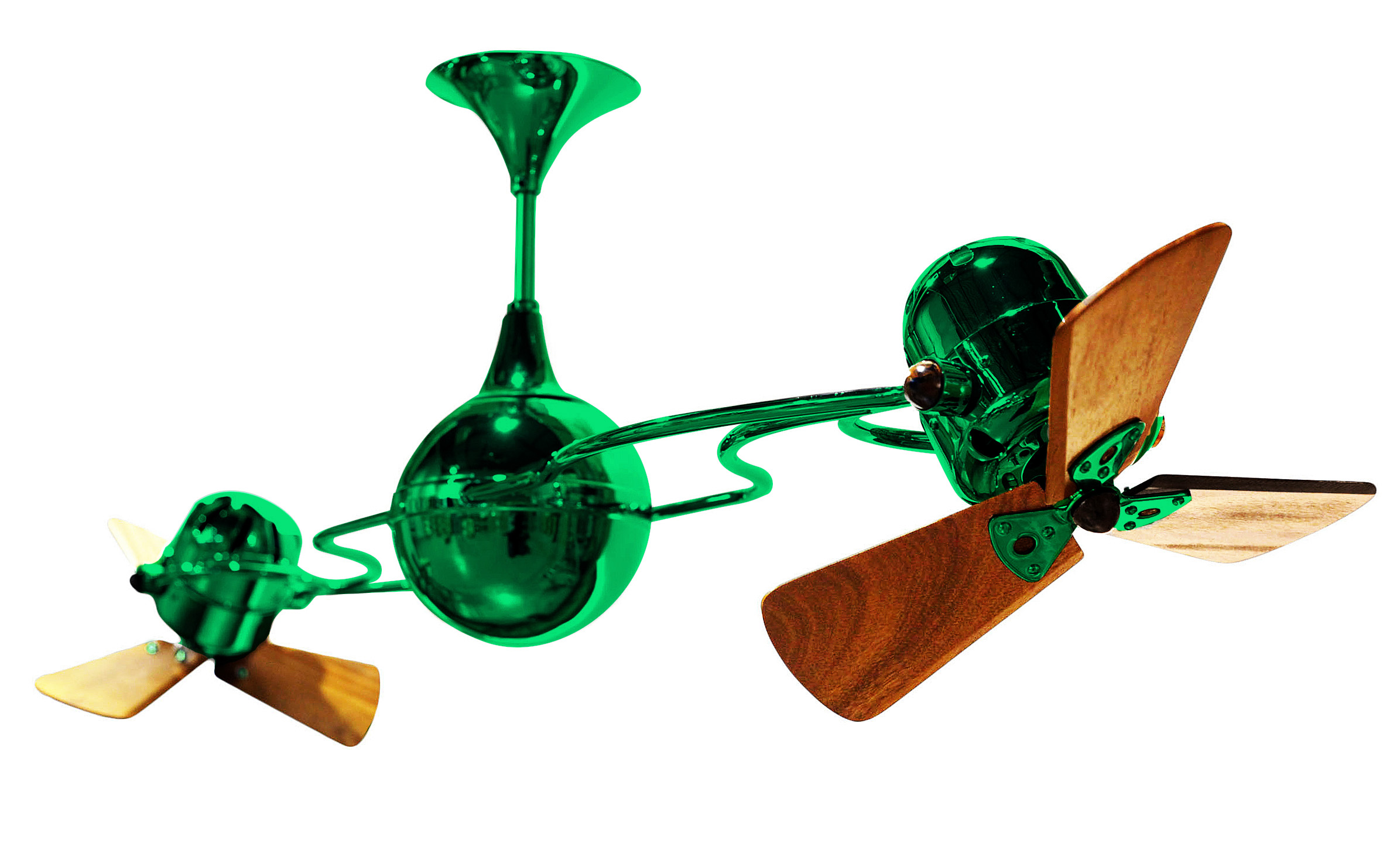 Italo Ventania Rotational Dual Head Ceiling Fan in Esmeralda / Green Finish with Mahogany Wood Blades