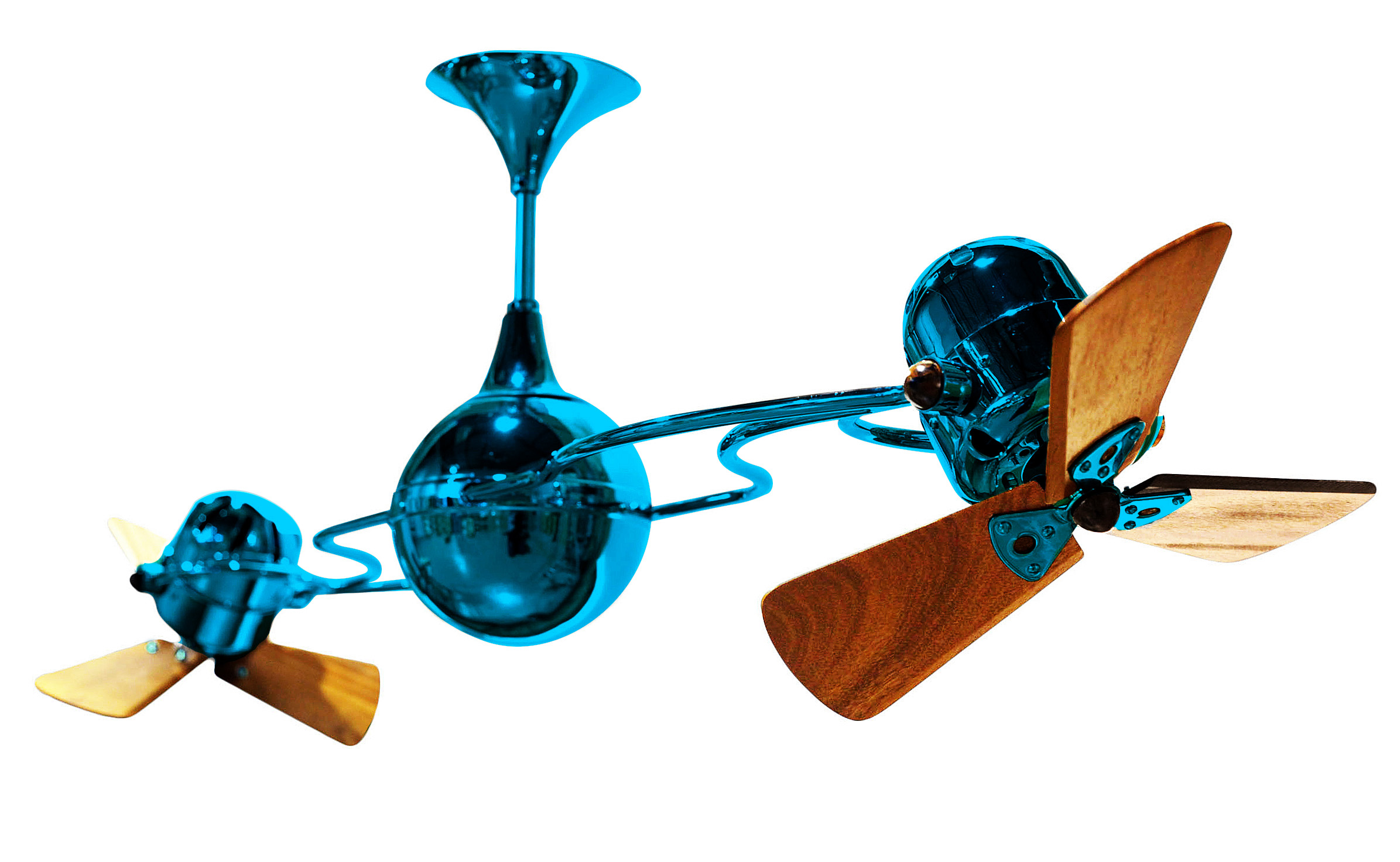 Italo Ventania Rotational Dual Head Ceiling Fan in Agua Marinha / Light Blue Finish with Mahogany Wood Blades