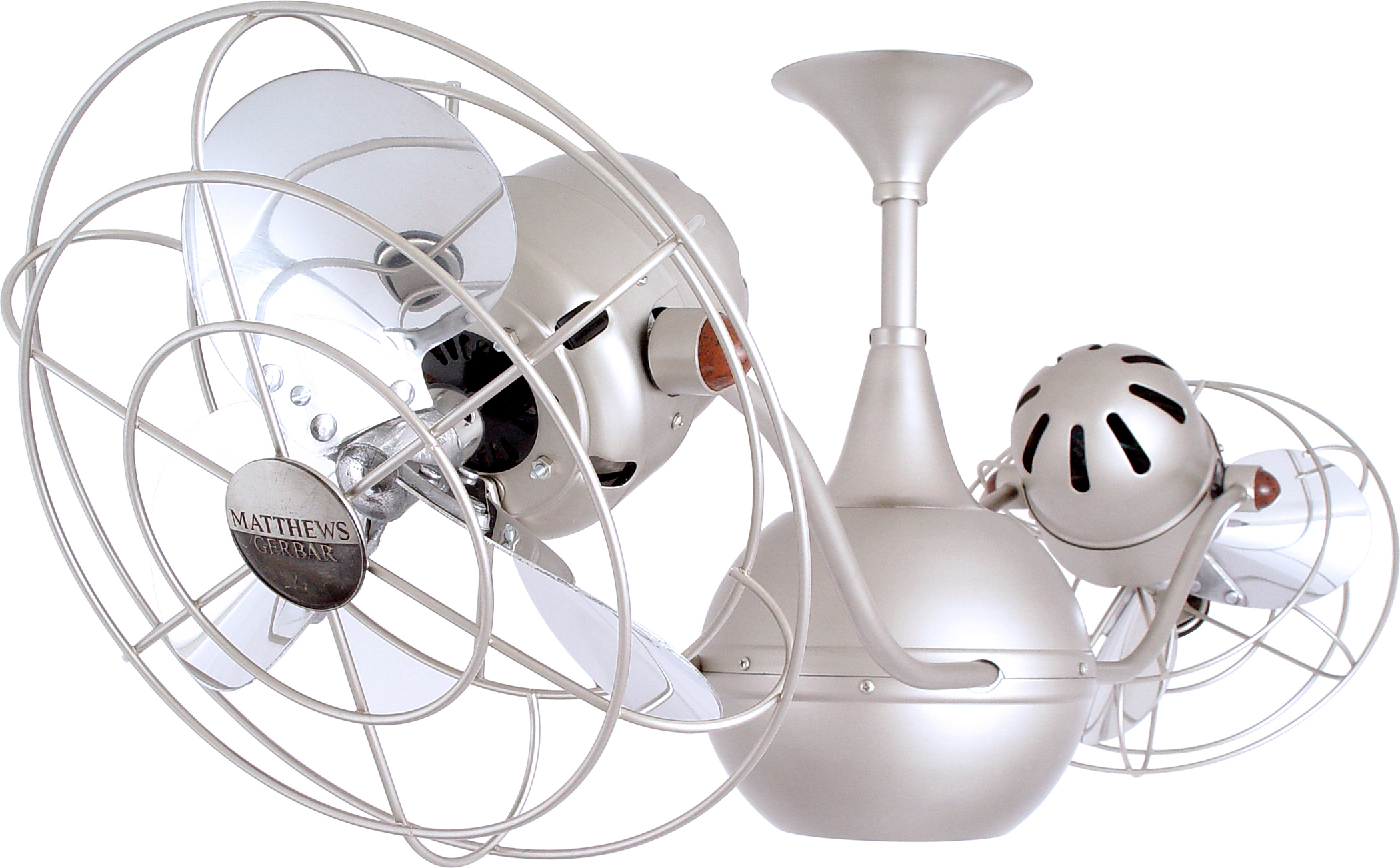 Vent-Bettina Rotational Dual Head Ceiling Fan in Brushed Nickel Finish with Metal Blades and Decorative Cage
