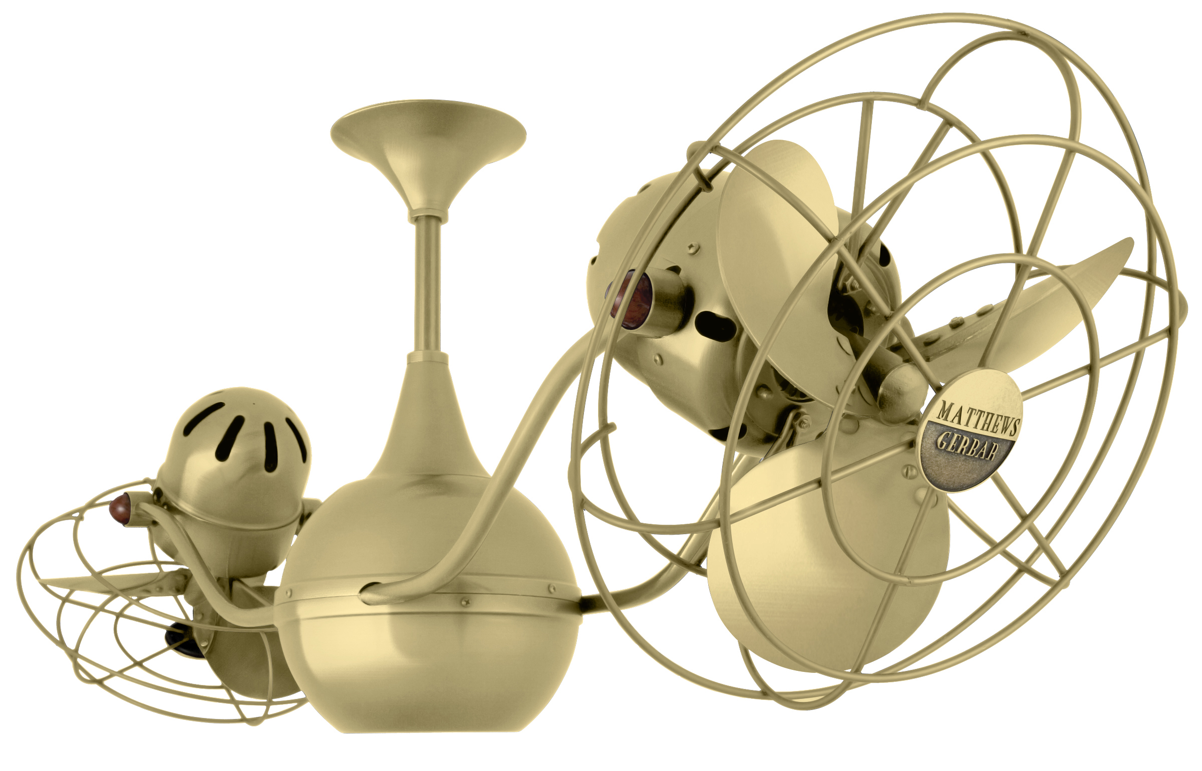 Vent-Bettina Rotational Dual Head Ceiling Fan in Brushed Brass Finish with Metal Blades and Decorative Cage