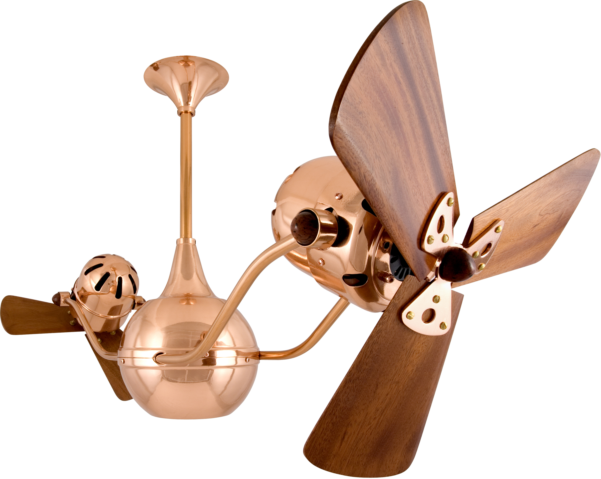 Vent-Bettina Rotational Dual Head Ceiling Fan in Polished Copper Finish with Mahogany Wood Blades
