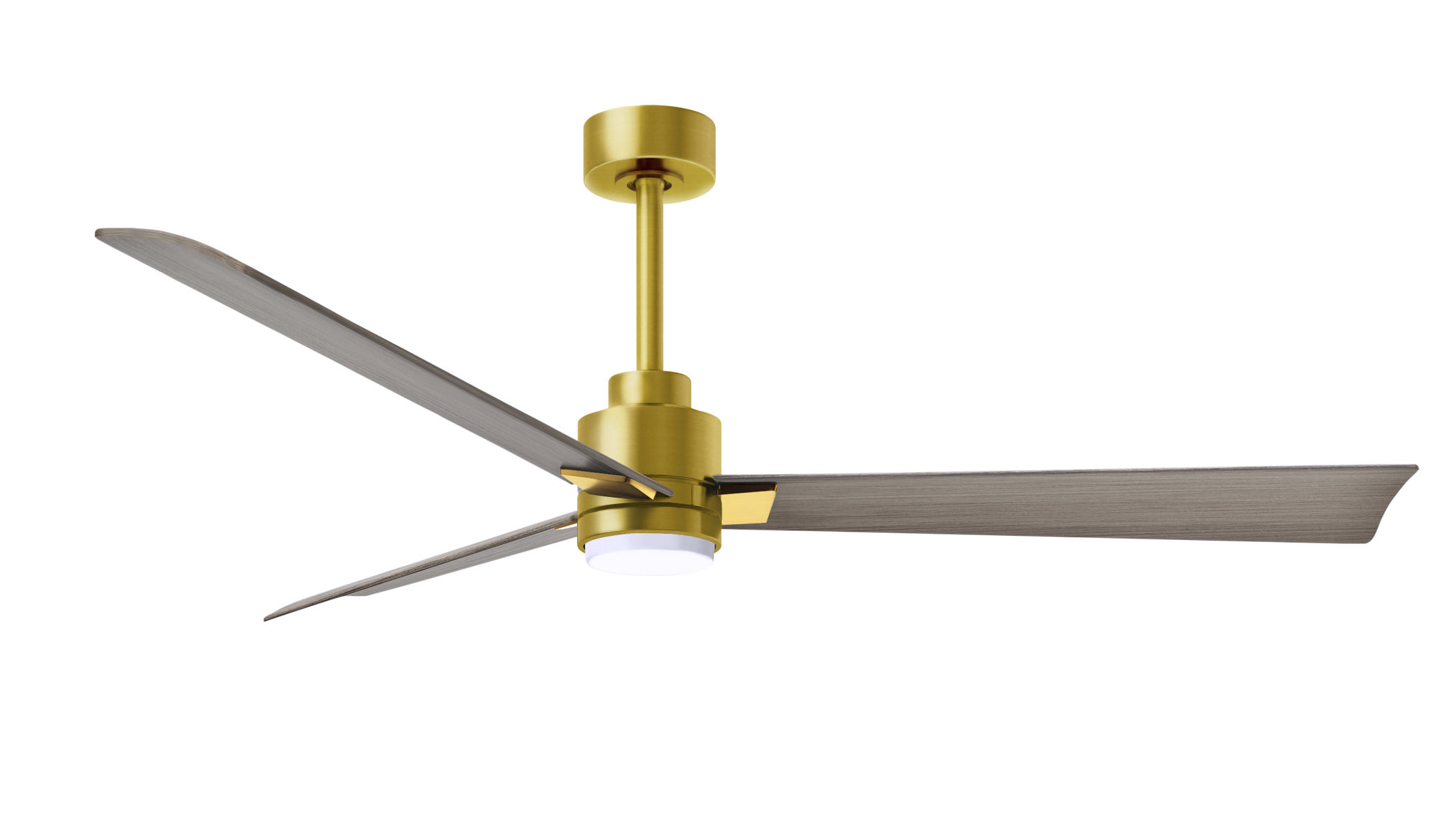 Alessandra-LK ceiling fan in brushed brass finish with 56" gray ash tone ABS blades by Matthews Fan Company.