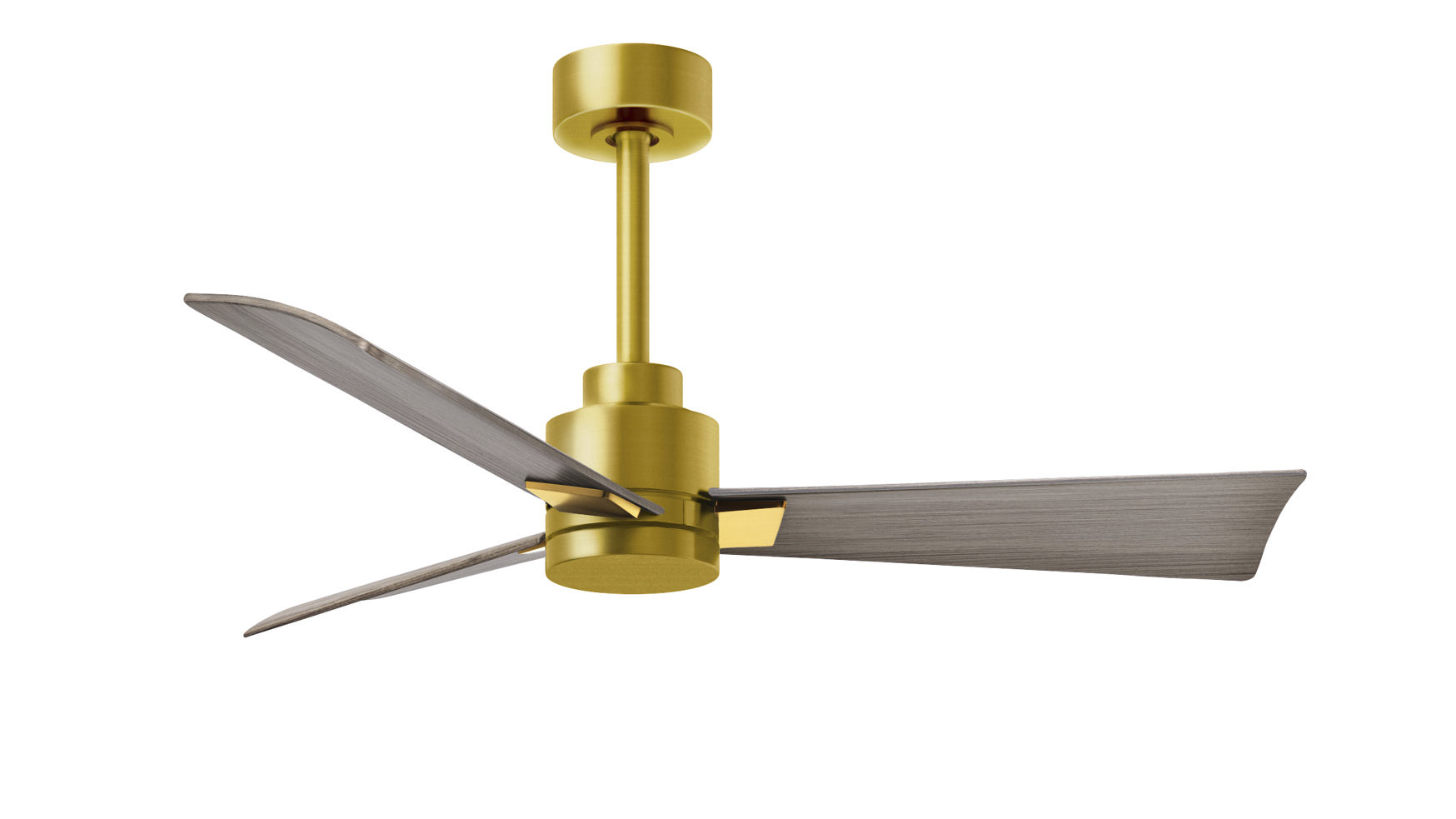 Alessandra ceiling fan in brushed brass finish with 42" gray ash tone ABS blades by Matthews Fan Company.