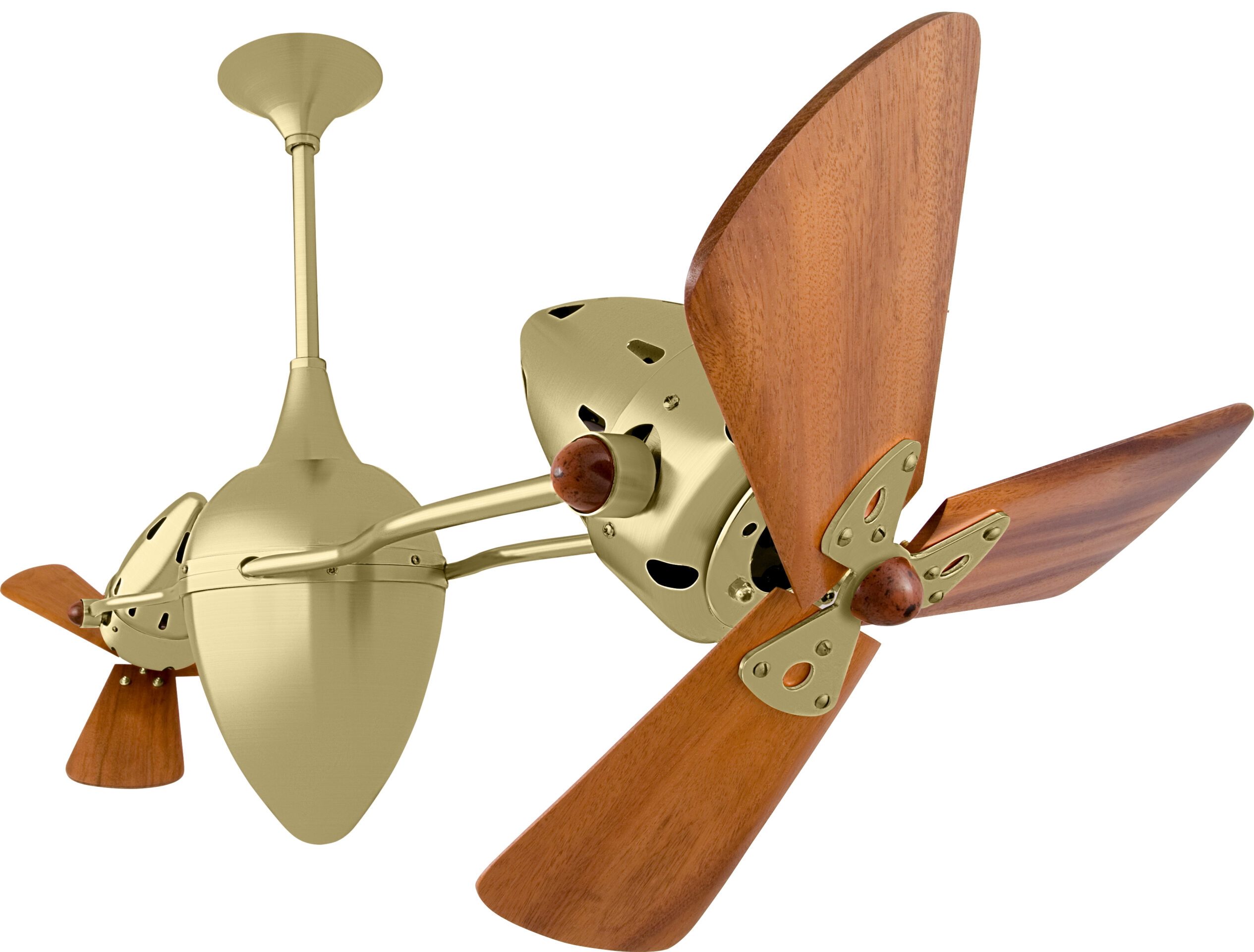 Ar Ruthiane dual headed rotational ceiling fan in brushed brass with solid mahogany blades made by Matthews Fan Company.