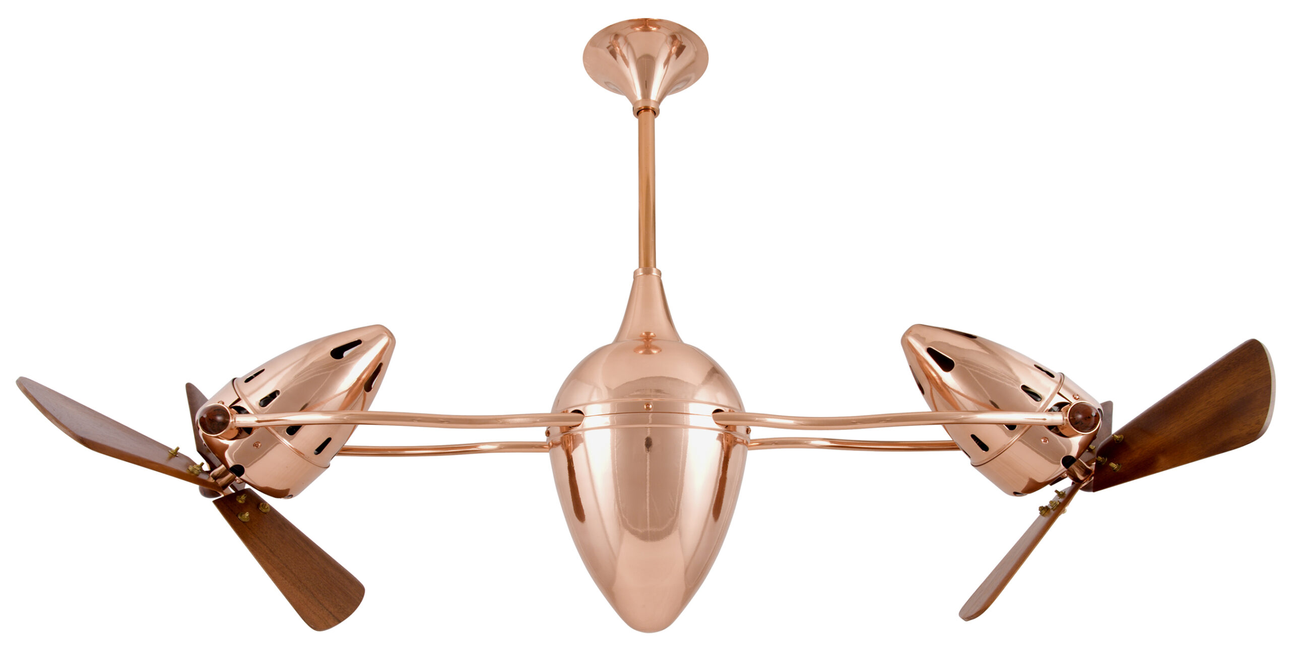 Ar Ruthiane dual headed rotational ceiling fan in brushed copper with solid mahogany woodl blades made by Matthews Fan Company.