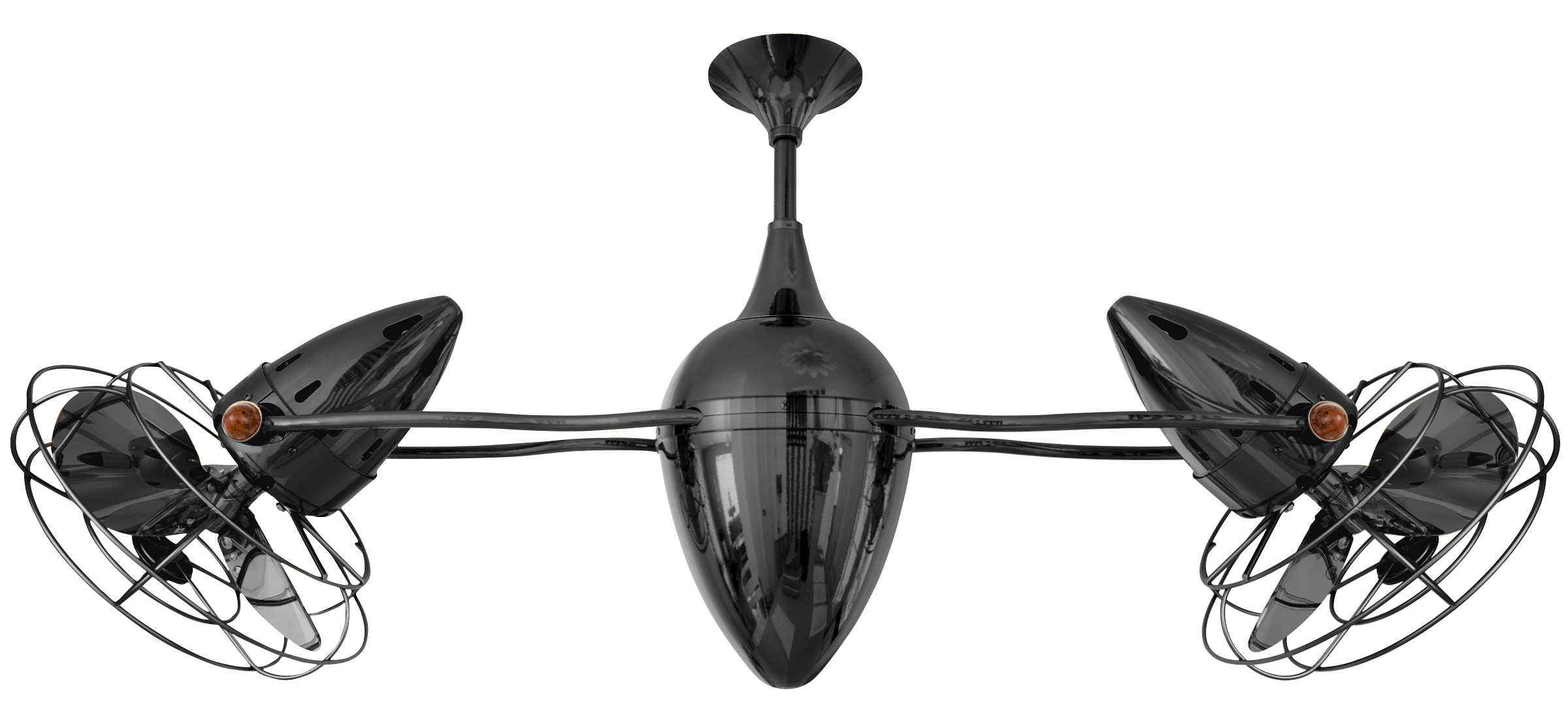 Ar Ruthiane dual headed rotational ceiling fan in black nickel finish with metal blades and decorative cage made by Matthews Fan Company.