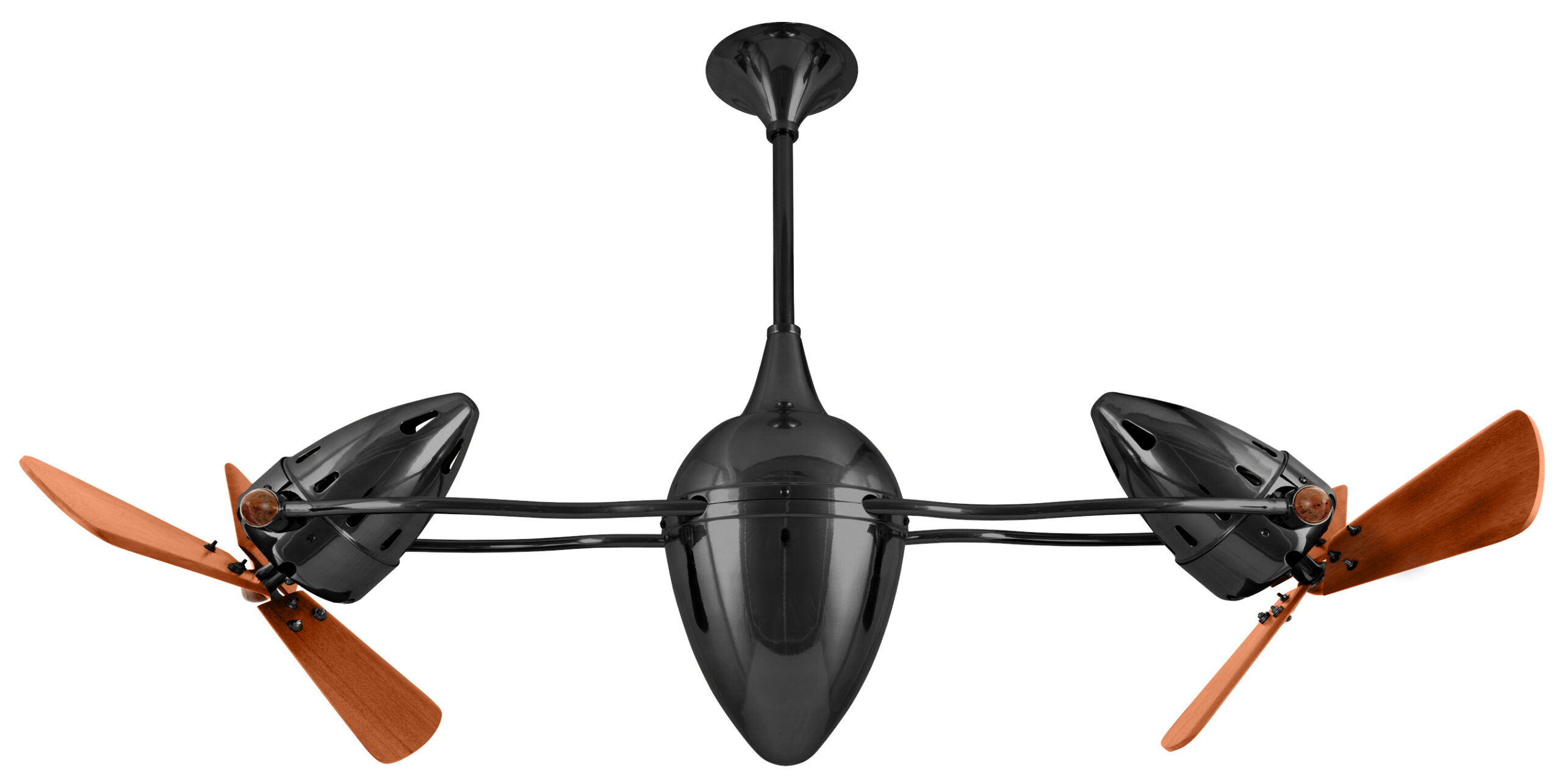 Ar Ruthiane dual headed rotational ceiling fan in black nickel finish with solid mahogany woodl blades made by Matthews Fan Company.