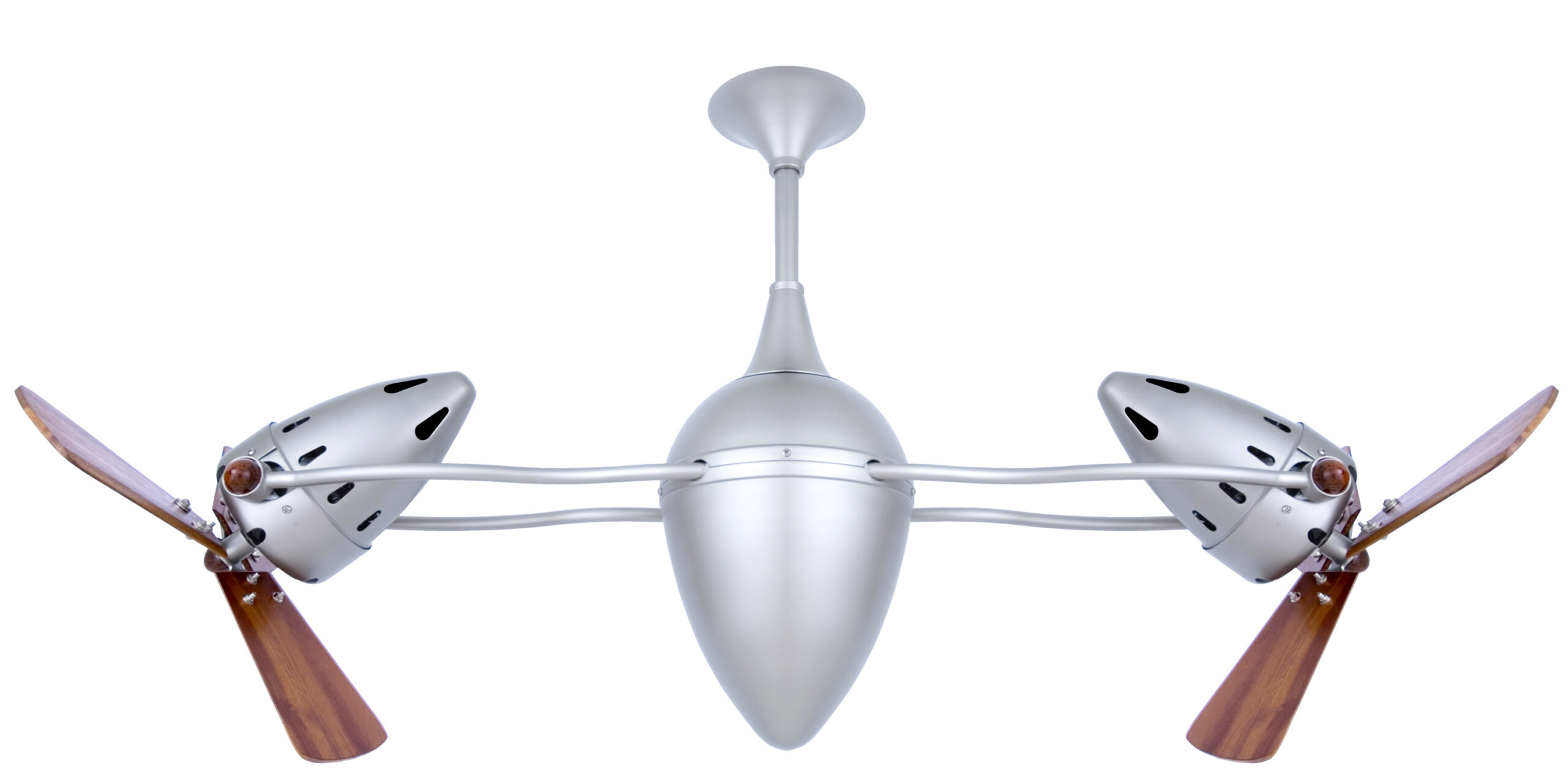 Ar Ruthiane dual headed rotational ceiling fan in Brushed Nickel with wood blades