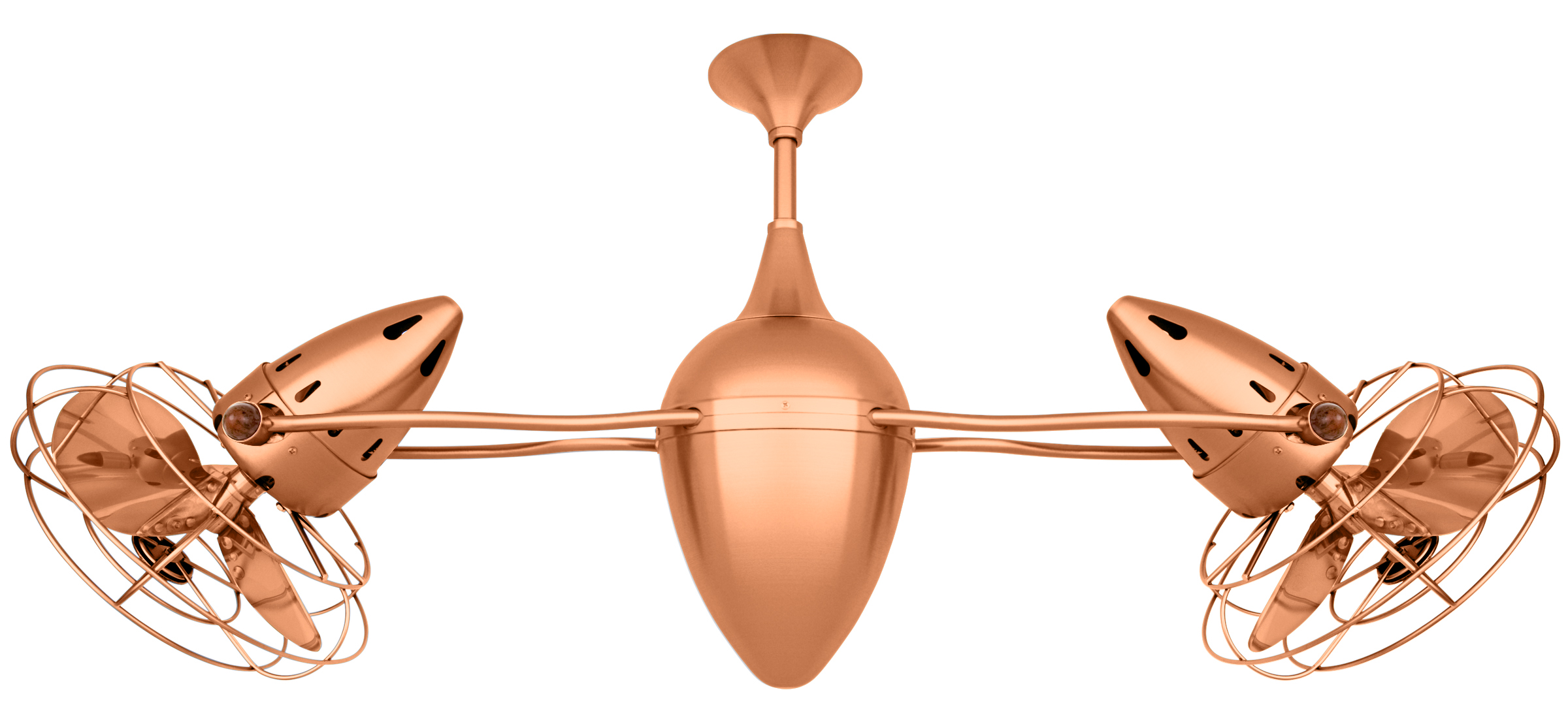 Ar Ruthiane dual headed rotational ceiling fan in brushed copper with metal blades and decorative cage made by Matthews Fan Company.