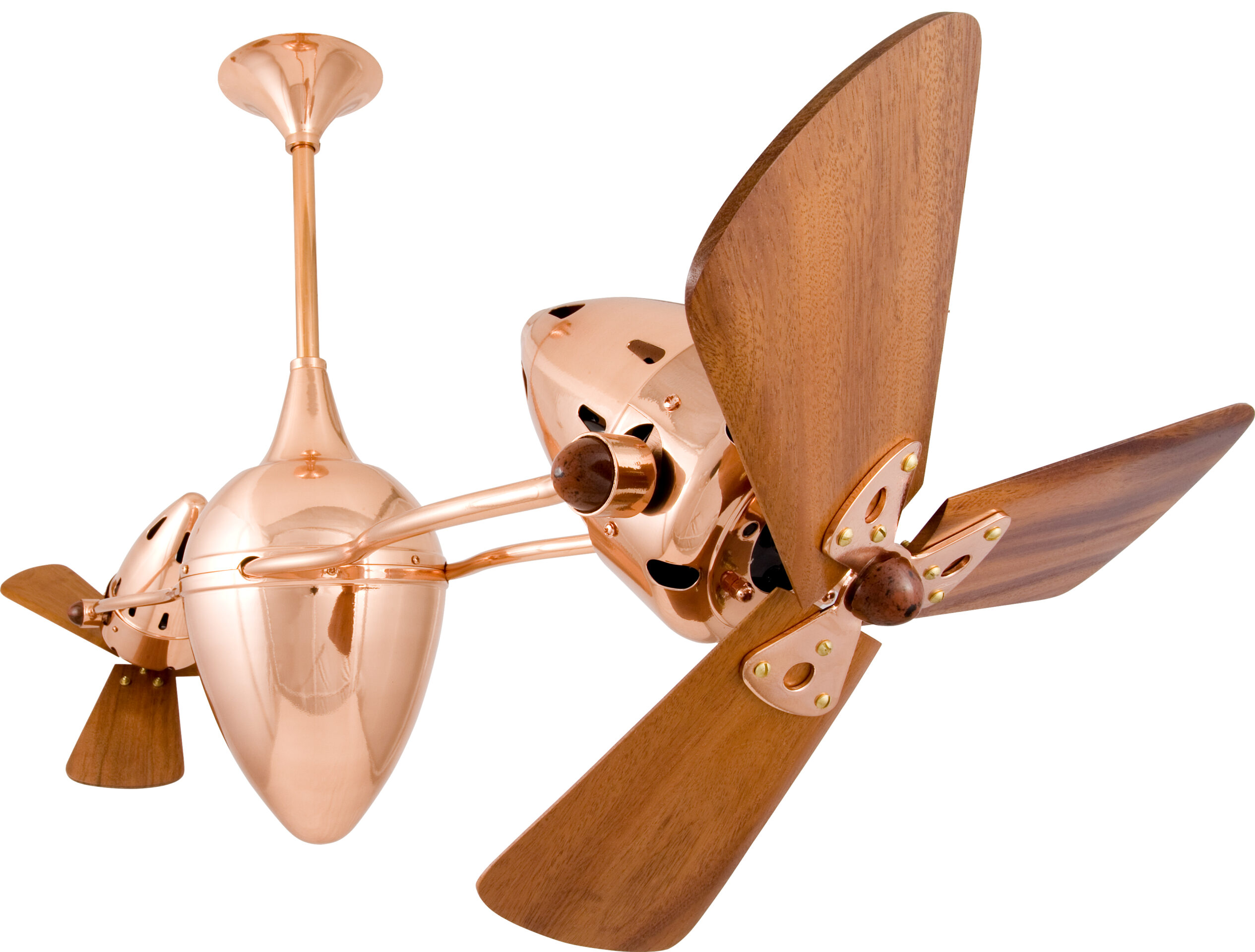 Ar Ruthiane Dual Headed Rotational Ceiling fan in Polished Copper with Mahogany Wood Blades