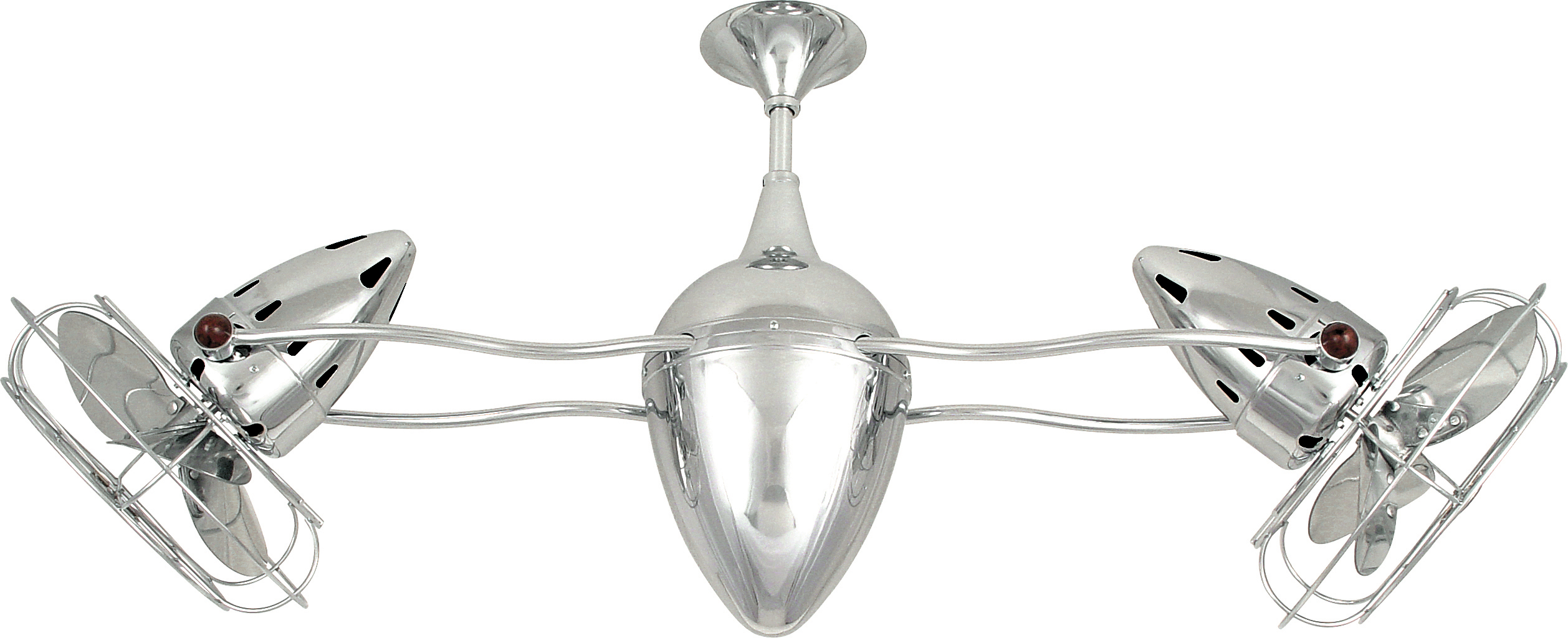 Ar Ruthiane dual headed rotational ceiling fan in Polished Chrome with metal blades and decorative cage made by Matthews Fan Company.
