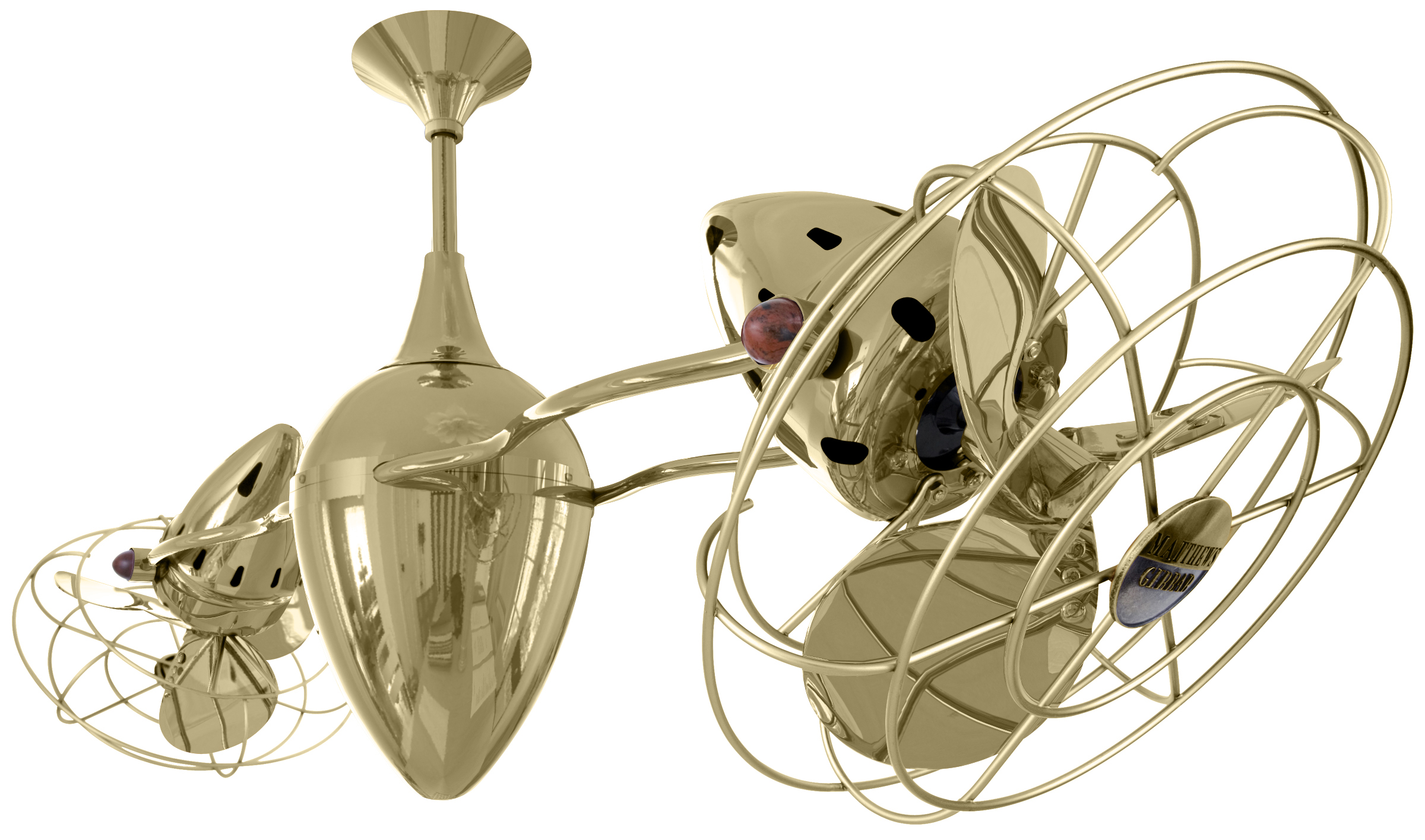 Ar Ruthiane dual headed rotational ceiling fan in polished brass with metal blades and decorative cage made by Matthews Fan Company.
