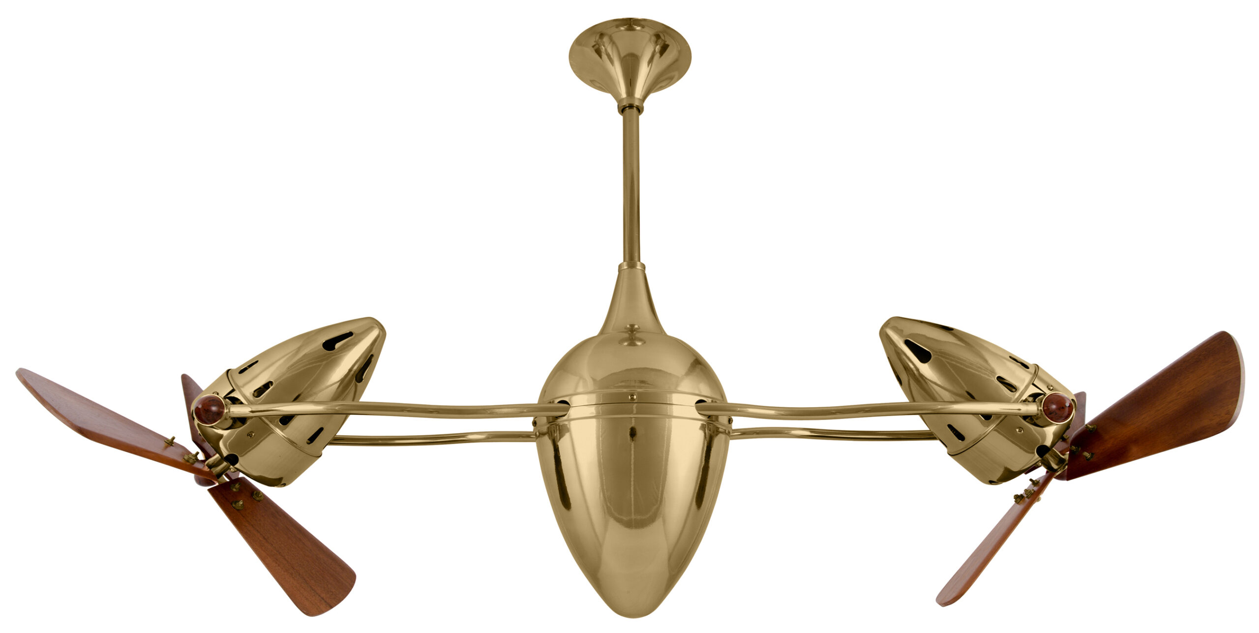Ar Ruthiane dual headed rotational ceiling fan in polished brass with solid mahogany blades made by Matthews Fan Company.