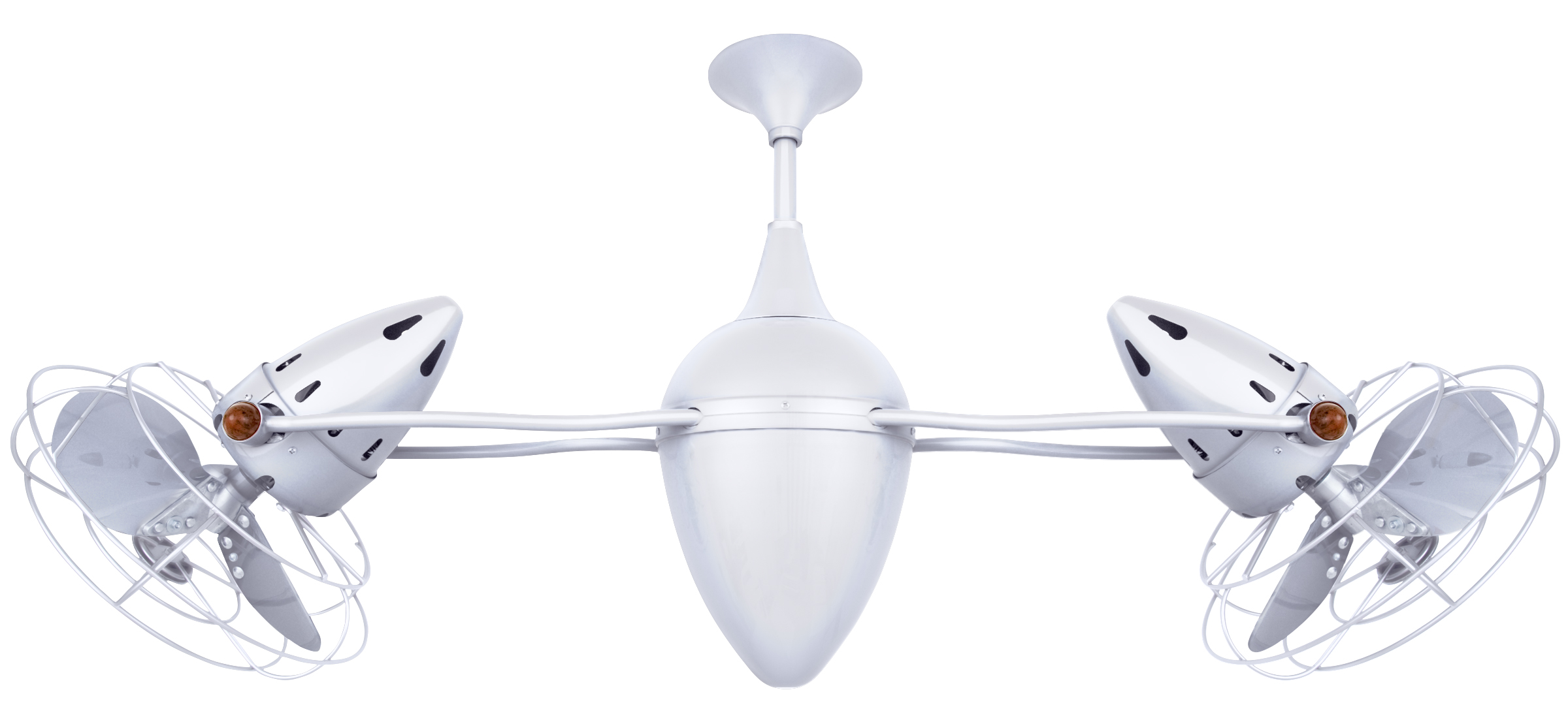 Ar Ruthiane dual headed rotational ceiling fan in gloss white with metal blades and decorative cage made by Matthews Fan Company.