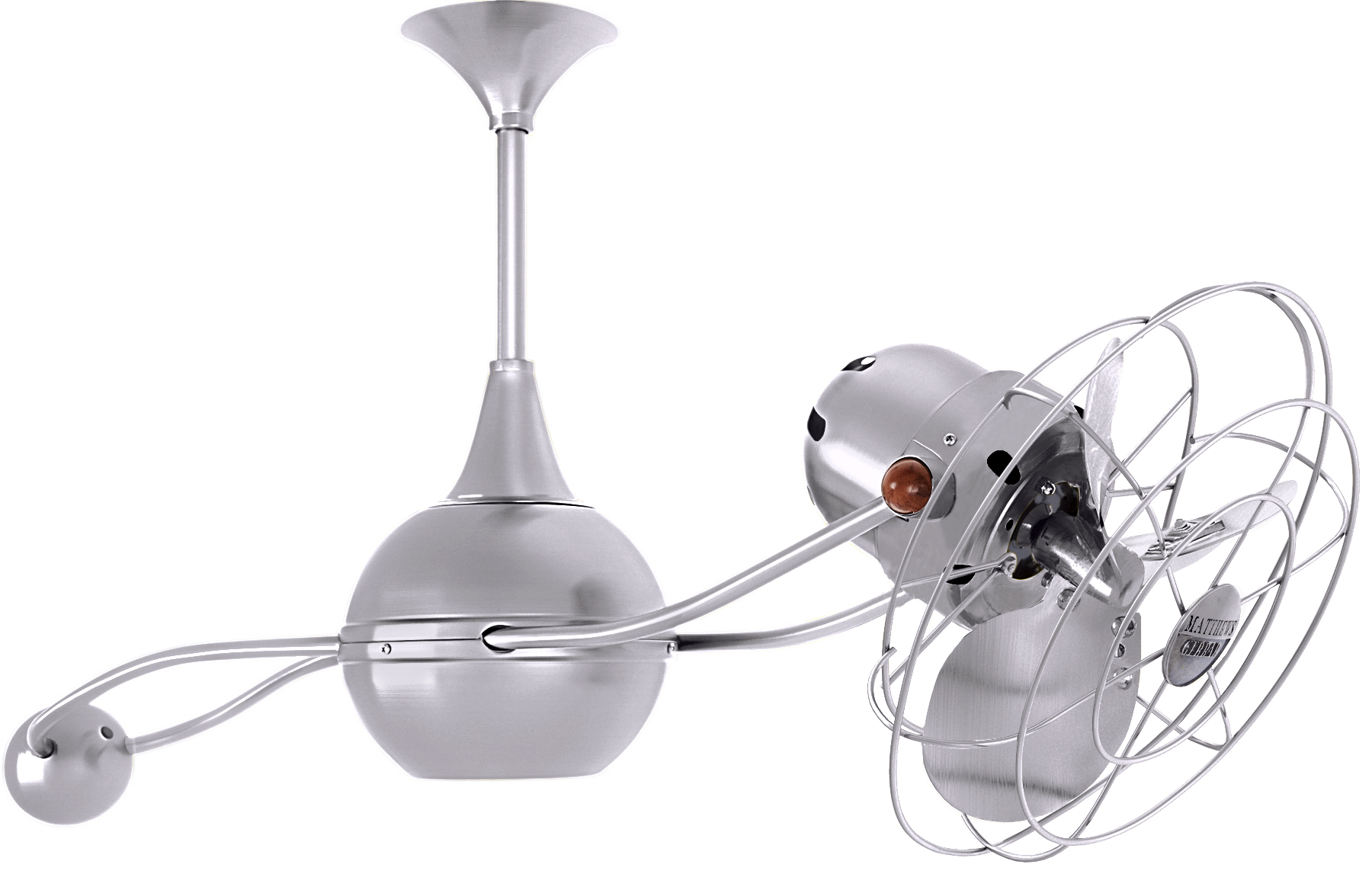 Brisa 2000 ceiling fan in brushed nickel finish with metal blades in decorative cage made by Matthews Fan Company.