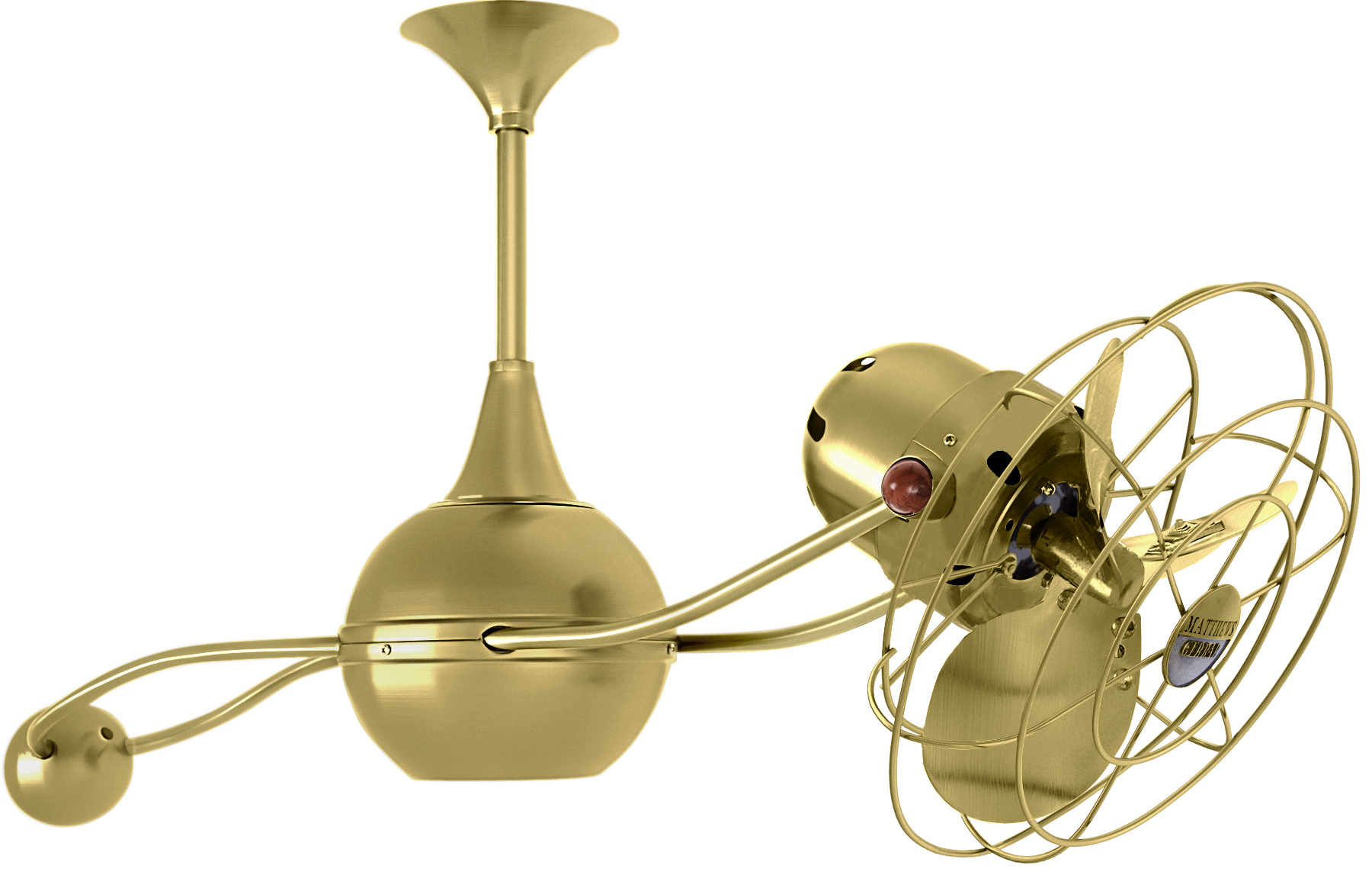 Brisa 2000 ceiling fan in brushed brass with metal blades in decorative cage made by Matthews Fan Company.
