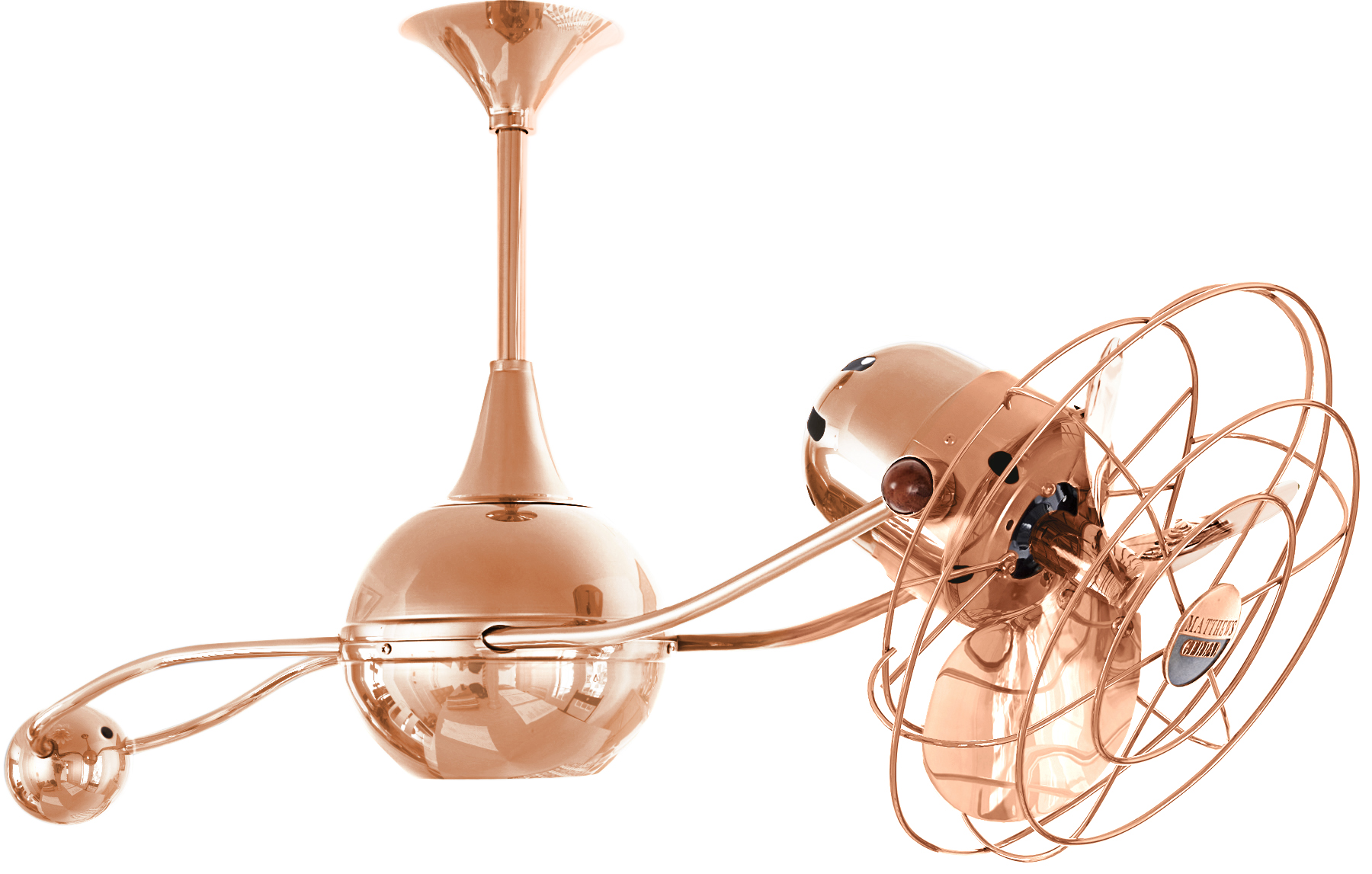 Brisa 2000 ceiling fan in polished copper finish with metal blades in decorative cage made by Matthews Fan Company.