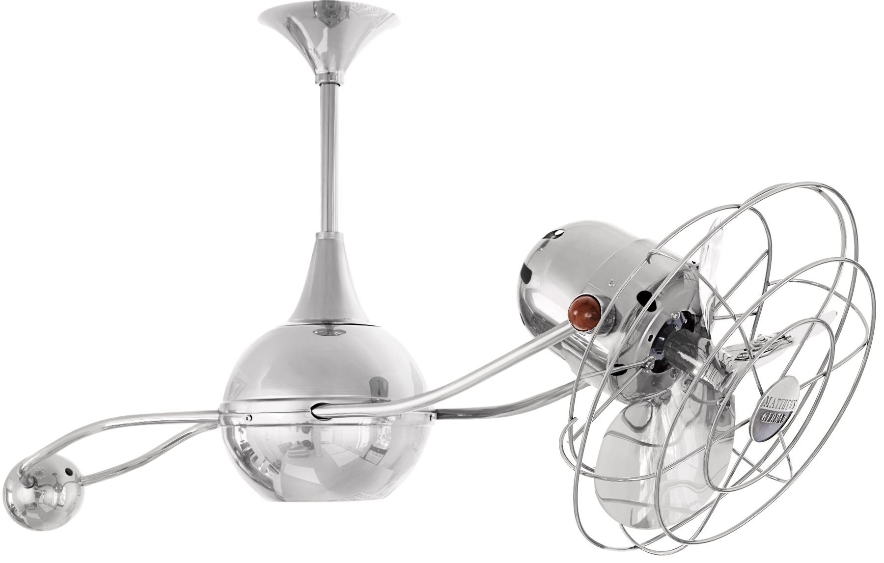 Brisa 2000 ceiling fan in polished chrome finish with metal blades in decorative cage made by Matthews Fan Company.