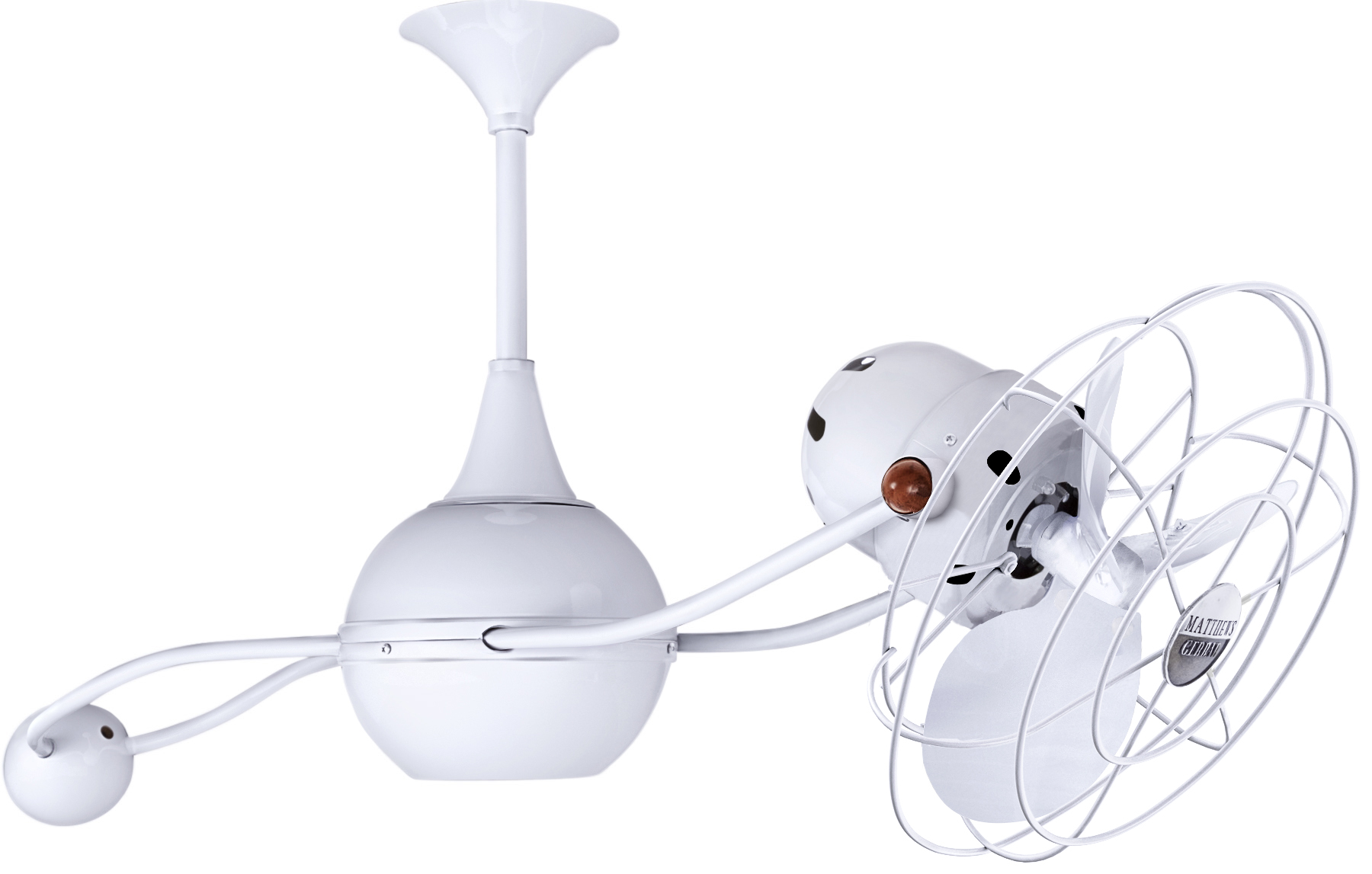 Brisa 2000 ceiling fan in gloss white finish with metal blades in decorative cage made by Matthews Fan Company.
