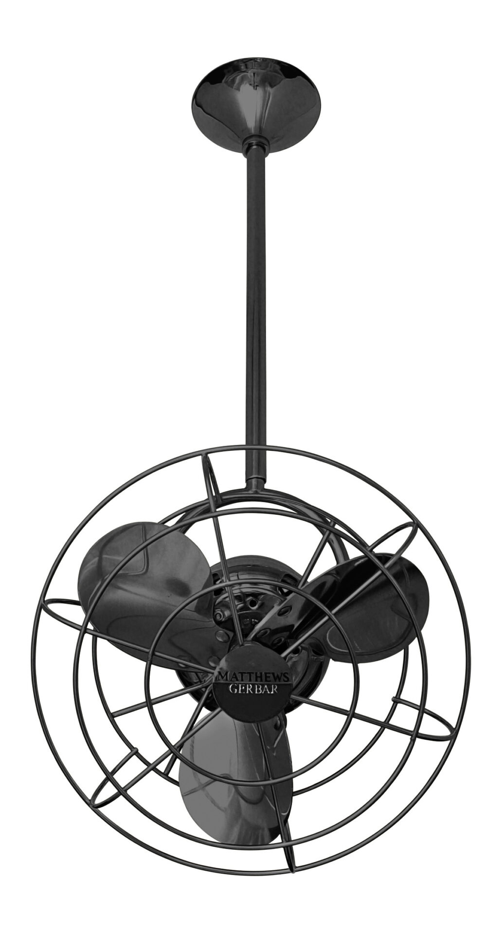 Bianca Direcional ceiling fan in Black Nickel with metal blades and decorative cage made by Matthews Fan Company.
