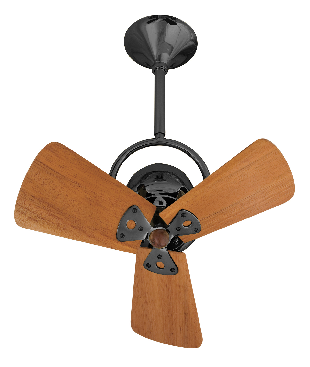 Bianca Direcional ceiling fan in Black Nickel with mahogany wood blades by Matthews Fan Company.