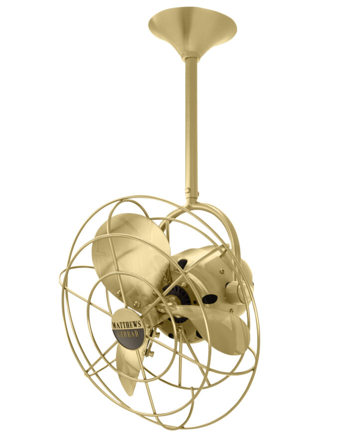 Bianca Direcional ceiling fan in Brushed Brass with metal blades and decorative cage made by Matthews Fan Company.