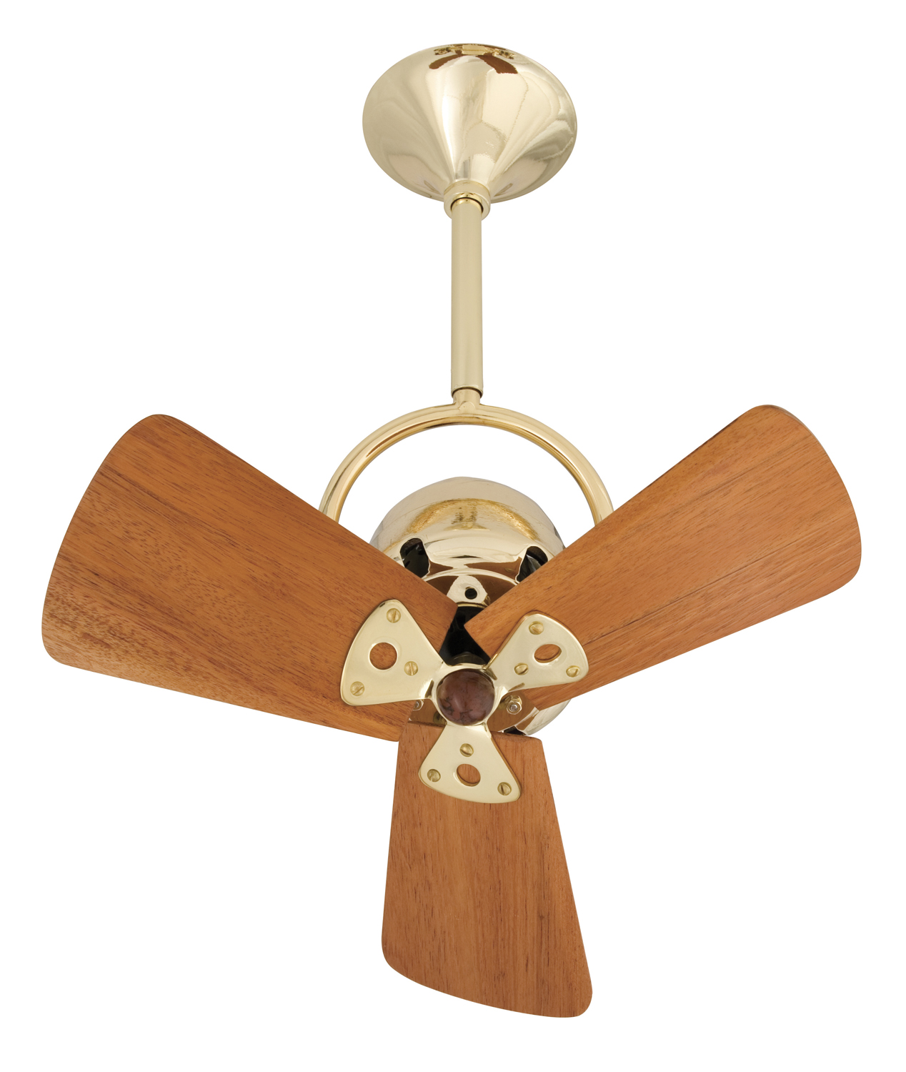 Bianca Direcional ceiling fan in Brushed Brass with Mahogany wood blades made by Matthews Fan Company.