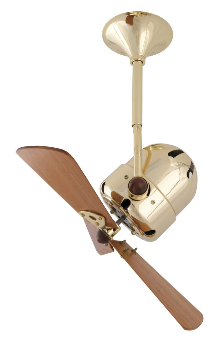 Bianca Direcional ceiling fan in Brushed Brass with Mahogany wood blades made by Matthews Fan Company.