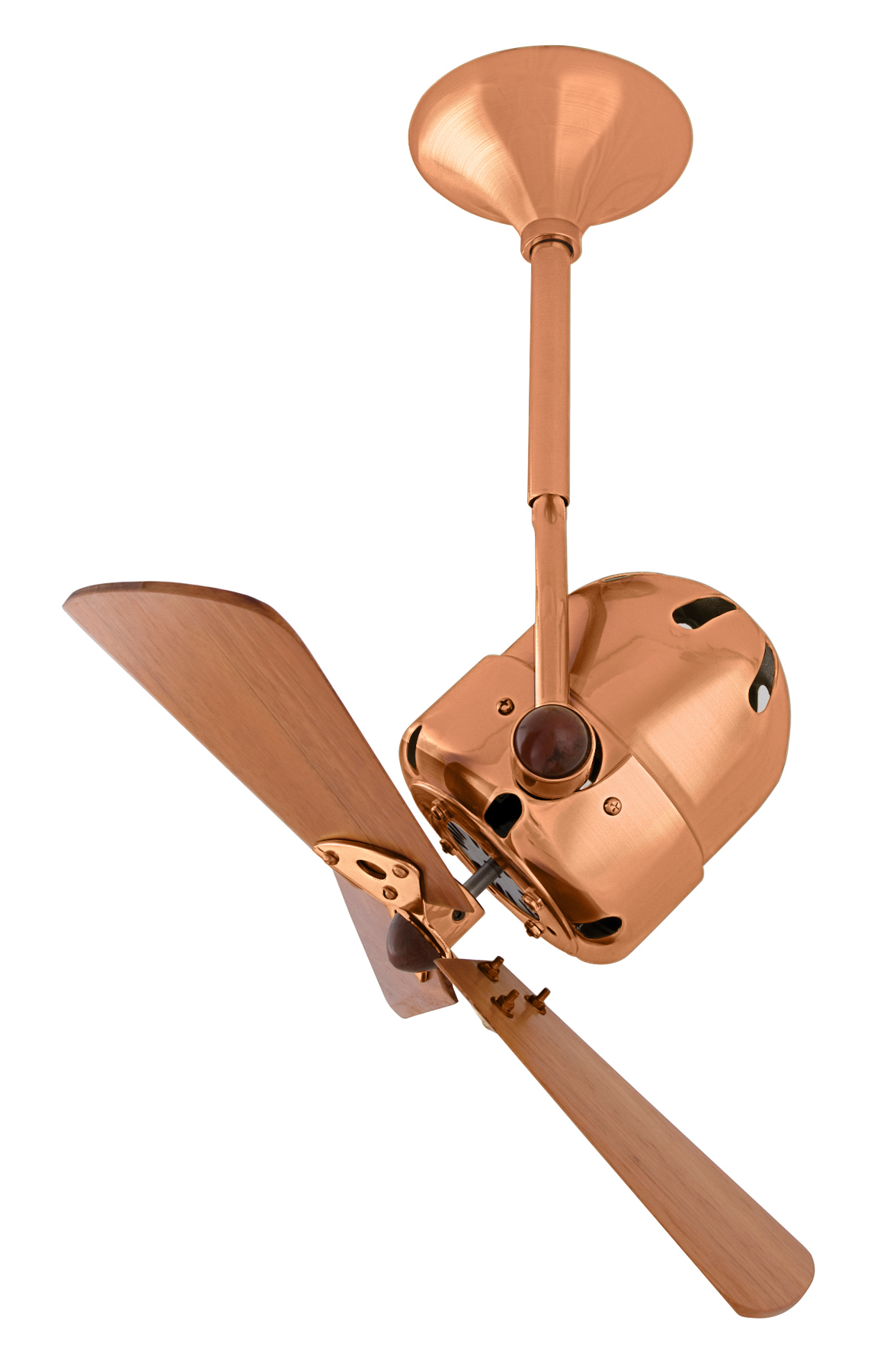 Bianca Direcional ceiling fan in Brushed Copper with Mahogany wood blades made by Matthews Fan Company.