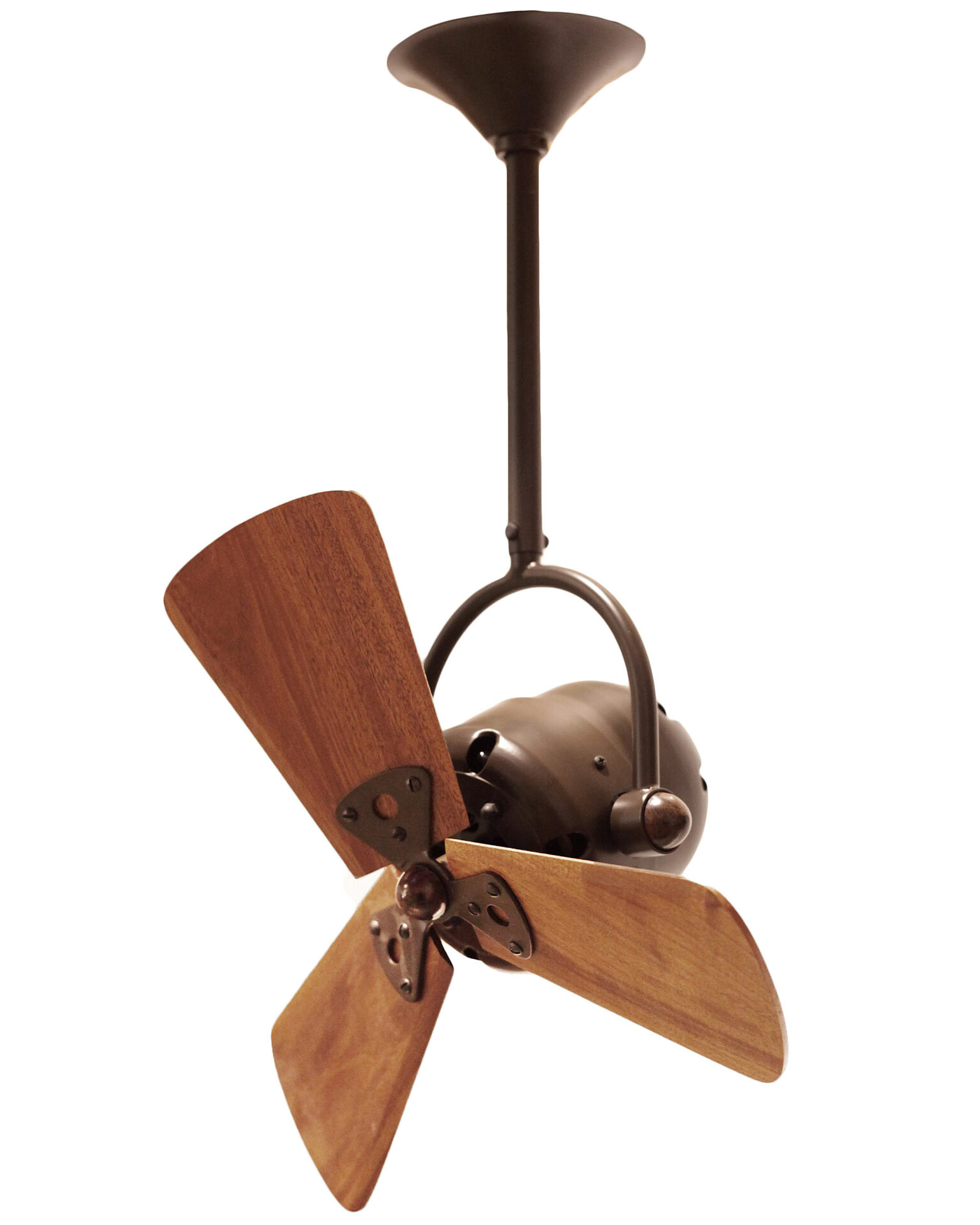 Bianca Direcional ceiling fan in Bronzette with Mahogany wood blades made by Matthews Fan Company.