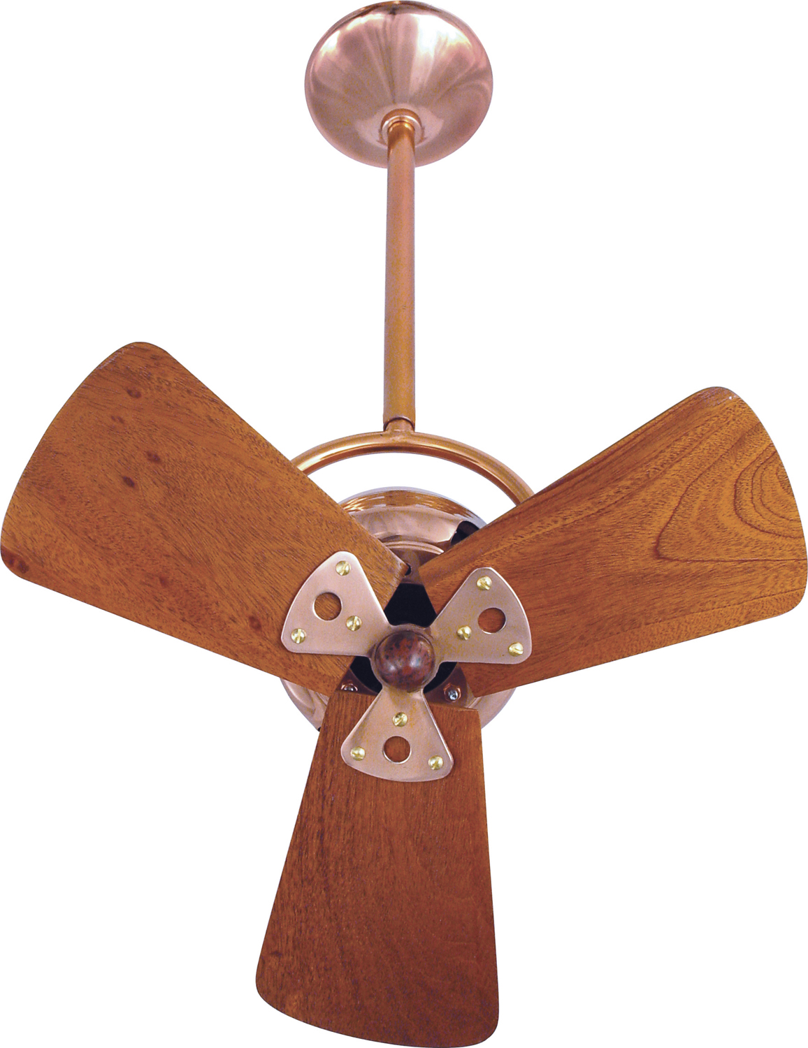Bianca Direcional ceiling fan in Polished Copper with Mahogany wood blades made by Matthews Fan Company.