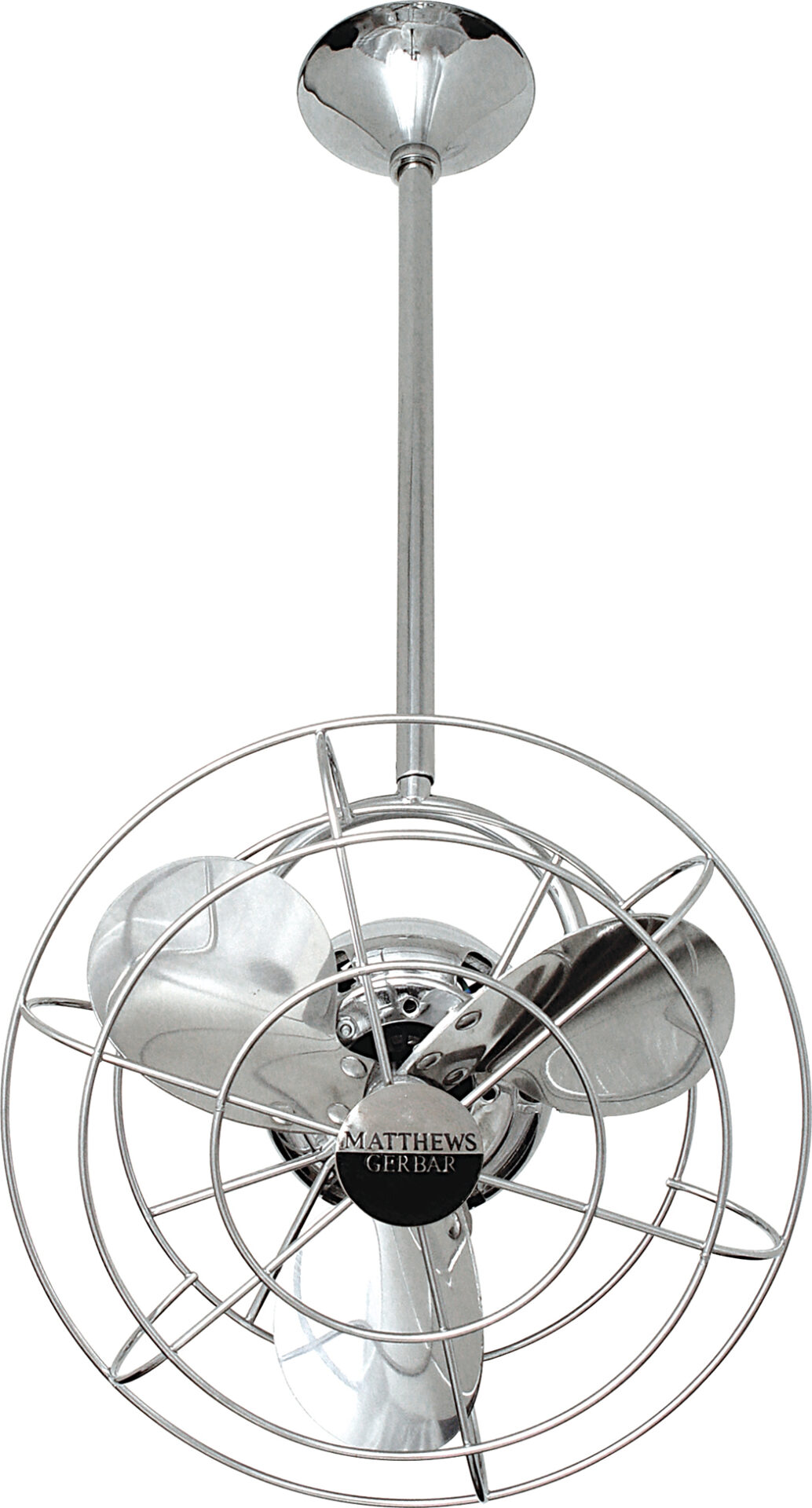 Bianca Direcional ceiling fan in Polished Chrome with metal blades and decorative cage made by Matthews Fan Company.