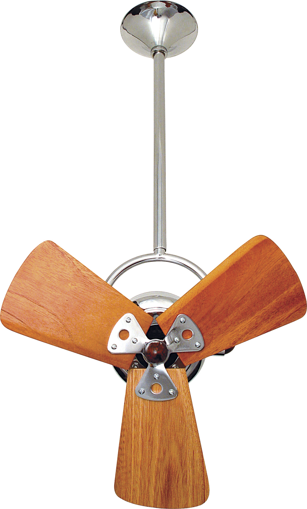 Bianca Direcional ceiling fan in Polished Chrome with Mahogany wood blades made by Matthews Fan Company.