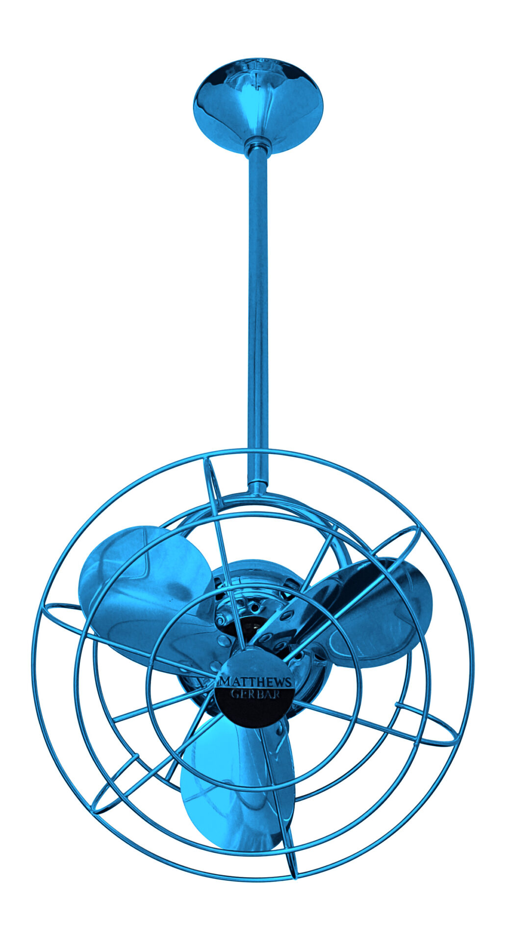 Bianca Direcional ceiling fan in Light Blue / Agua Marinha with metal blades and decorative cage by Matthews Fan Company.