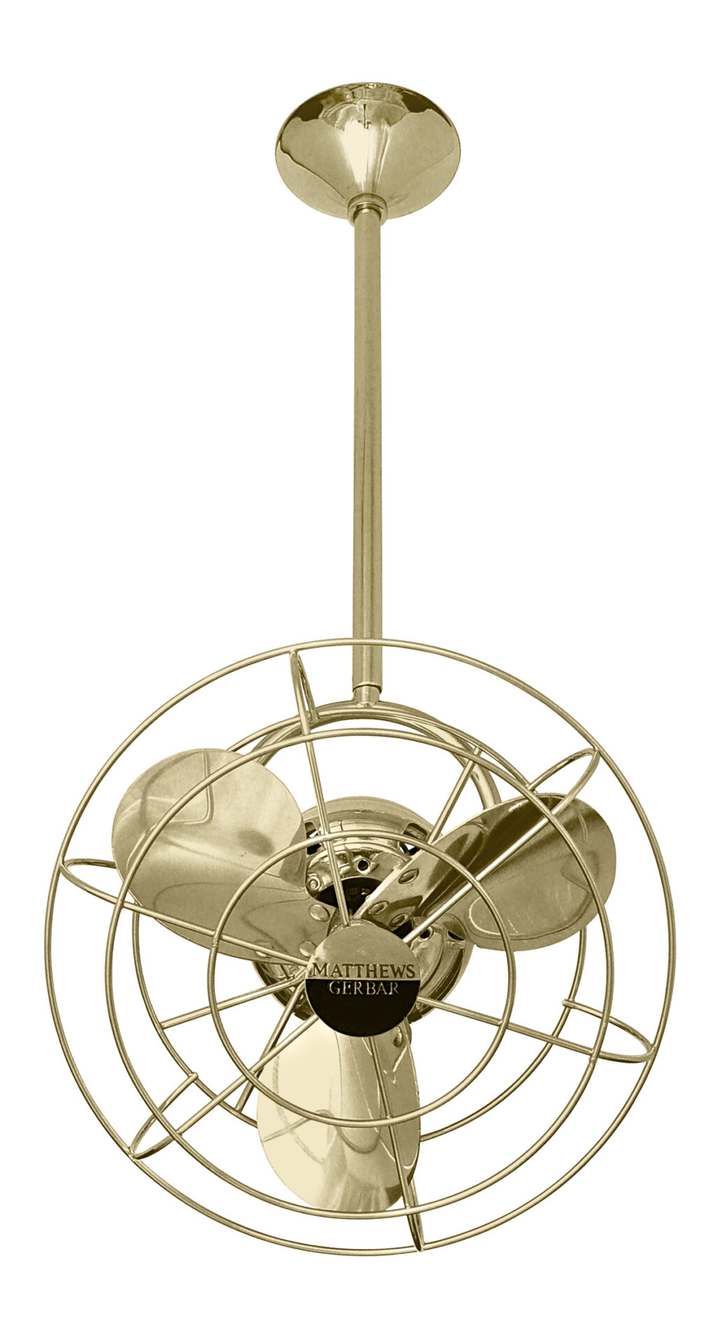 Bianca Direcional ceiling fan in Polished Brass with metal blades and decorative cage made by Matthews Fan Company.