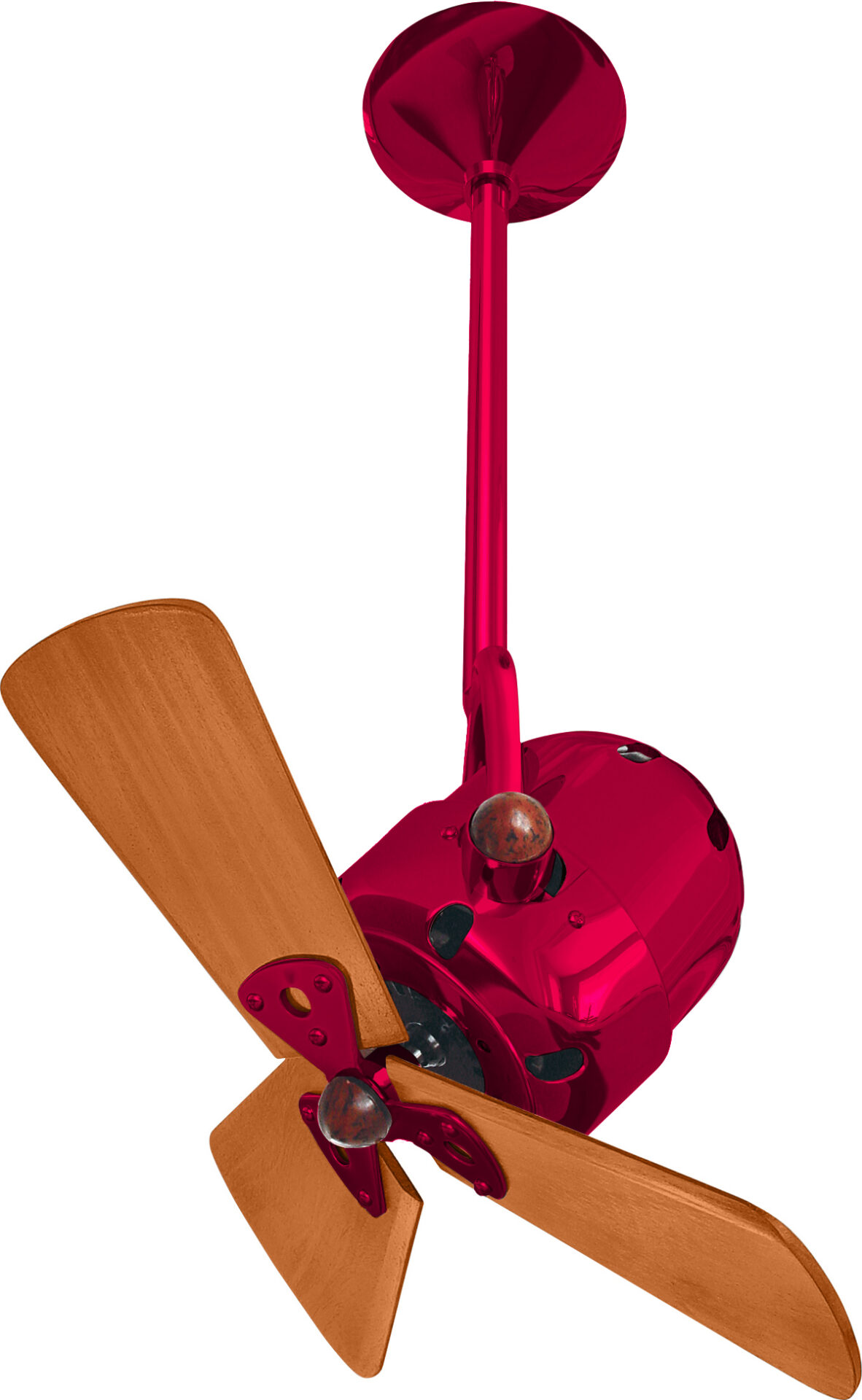 Bianca Direcional ceiling fan in Red / Rubi with mahogany wood blades by Matthews Fan Company.