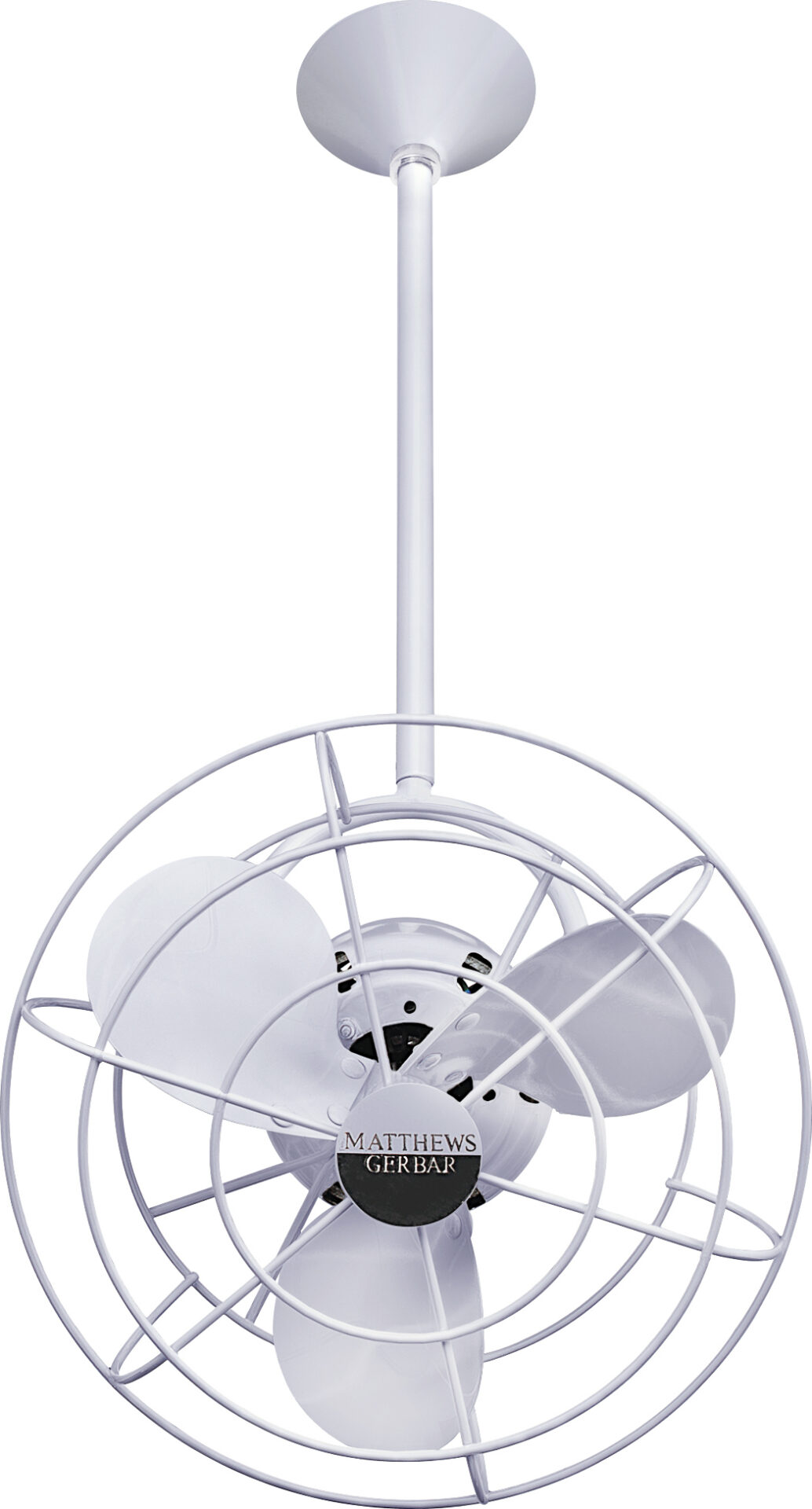 Bianca Direcional ceiling fan in Gloss White with metal blades and decorative cage made by Matthews Fan Company.