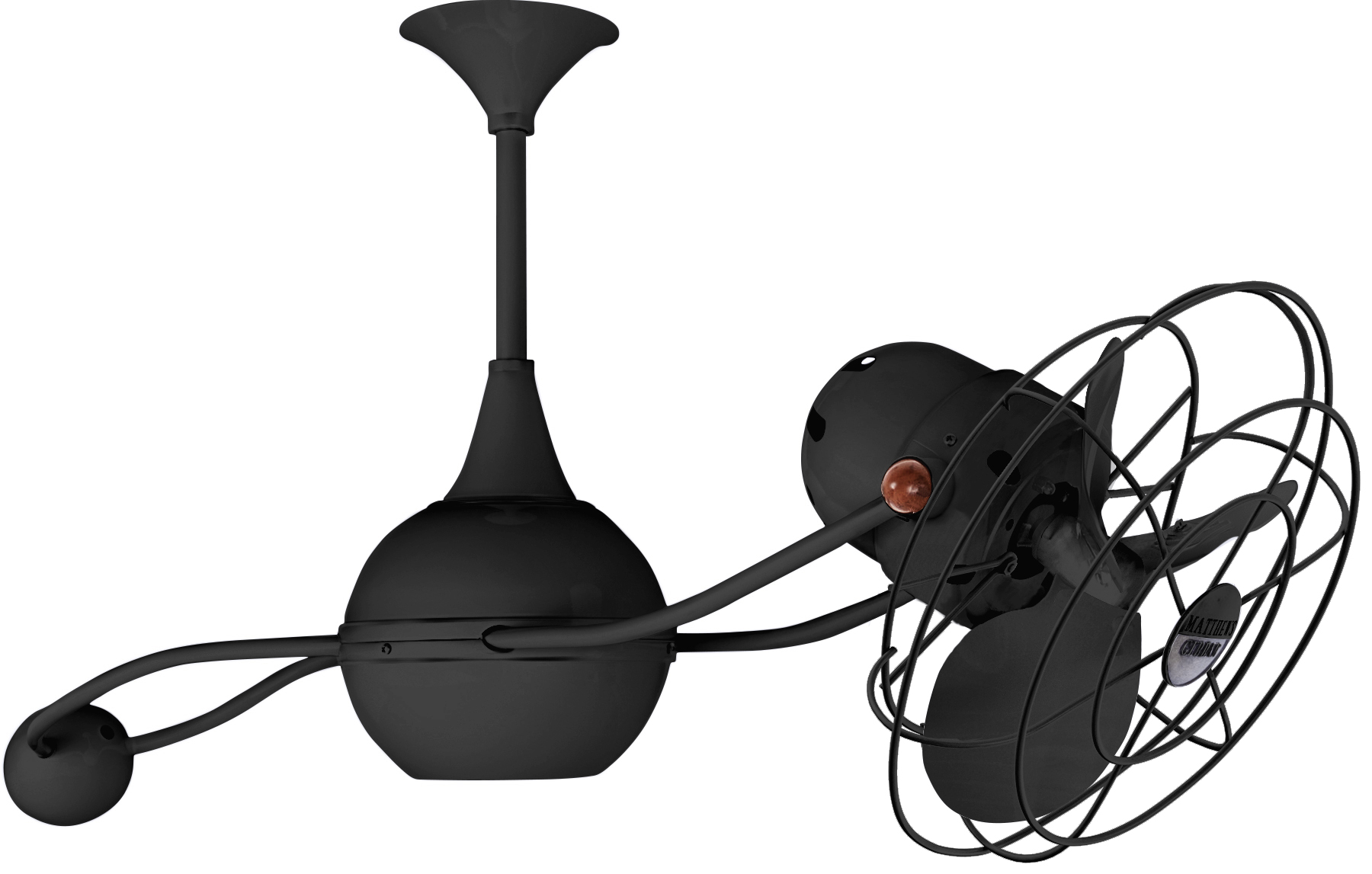 Brisa 2000 ceiling fan in black finish with metal blades in decorative cage made by Matthews Fan Company.