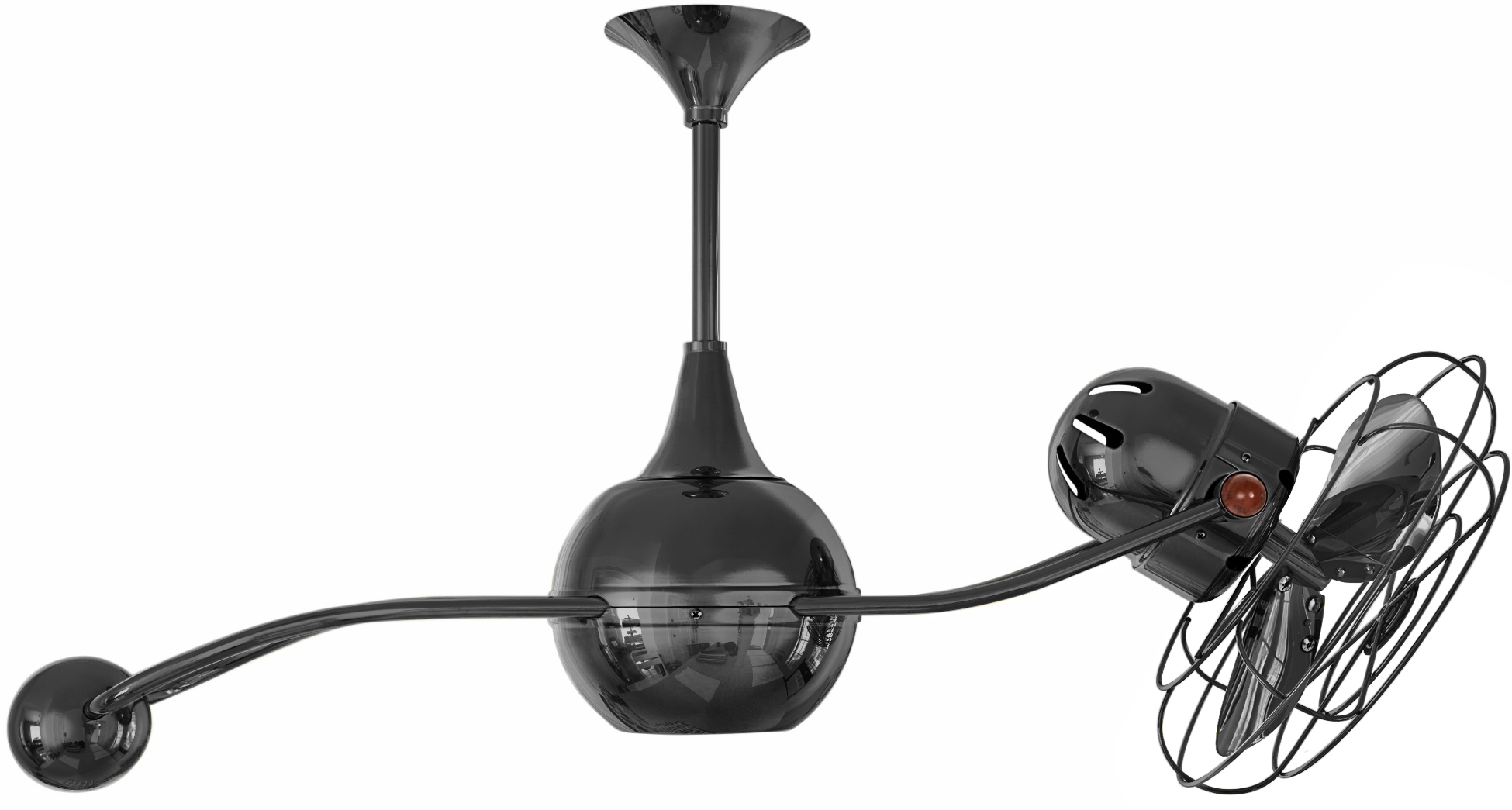 Brisa 2000 ceiling fan in black nickel finish with metal blades in decorative cage made by Matthews Fan Company.