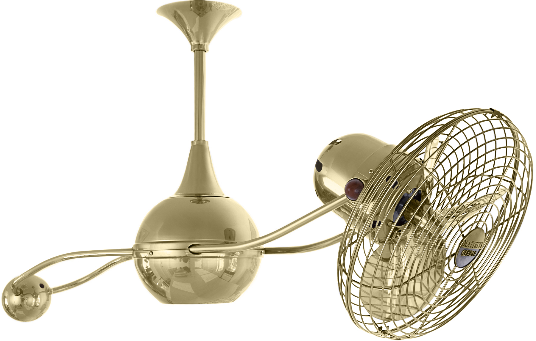 Brisa 2000 ceiling fan in Polished Brass finish with Metal Blades in safety cage made by Matthews Fan Company.