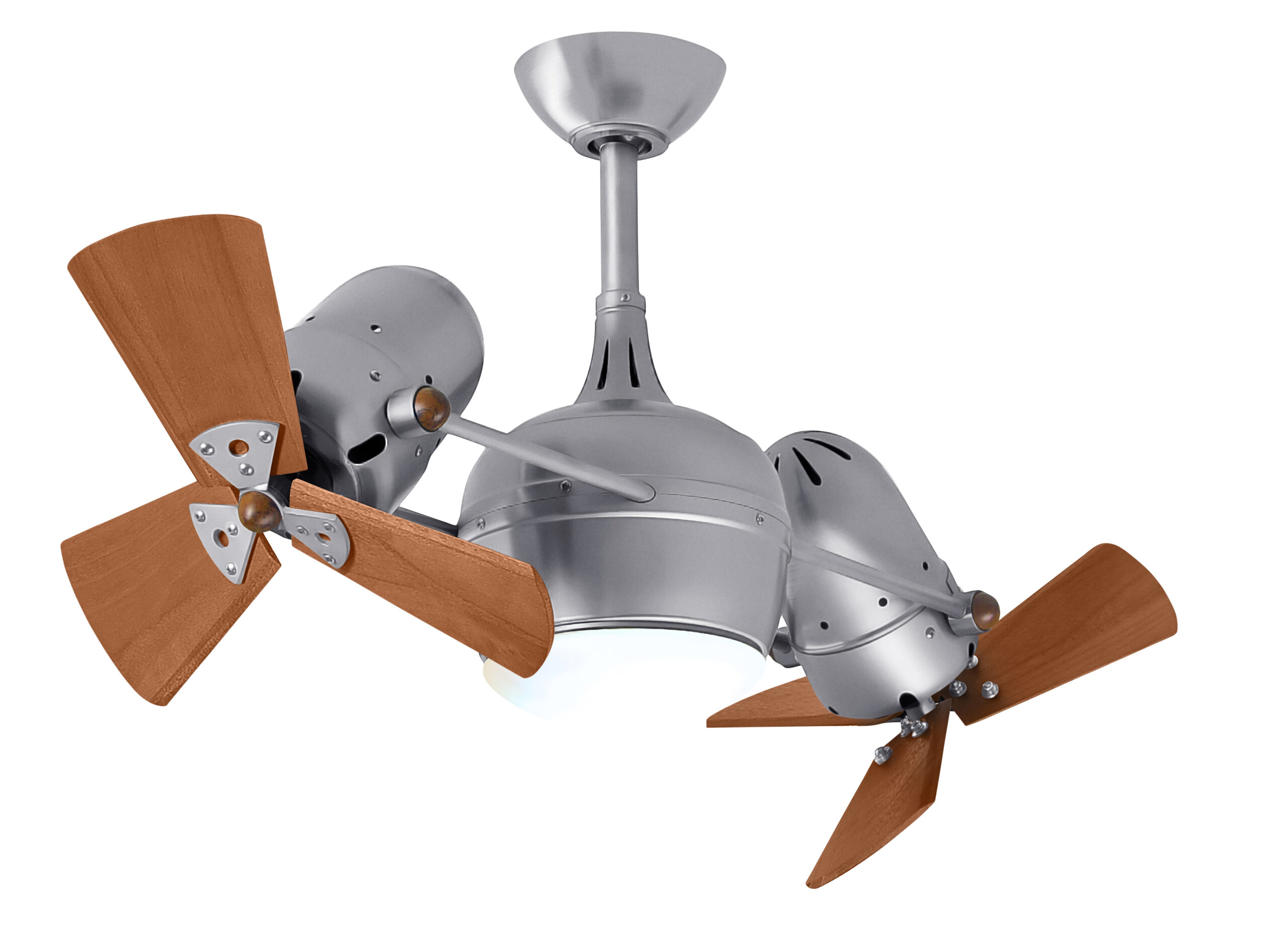 Dagny-LK rotational ceiling fan in Brushed Nickel with mahogany wood blades made by Matthews Fan Company.