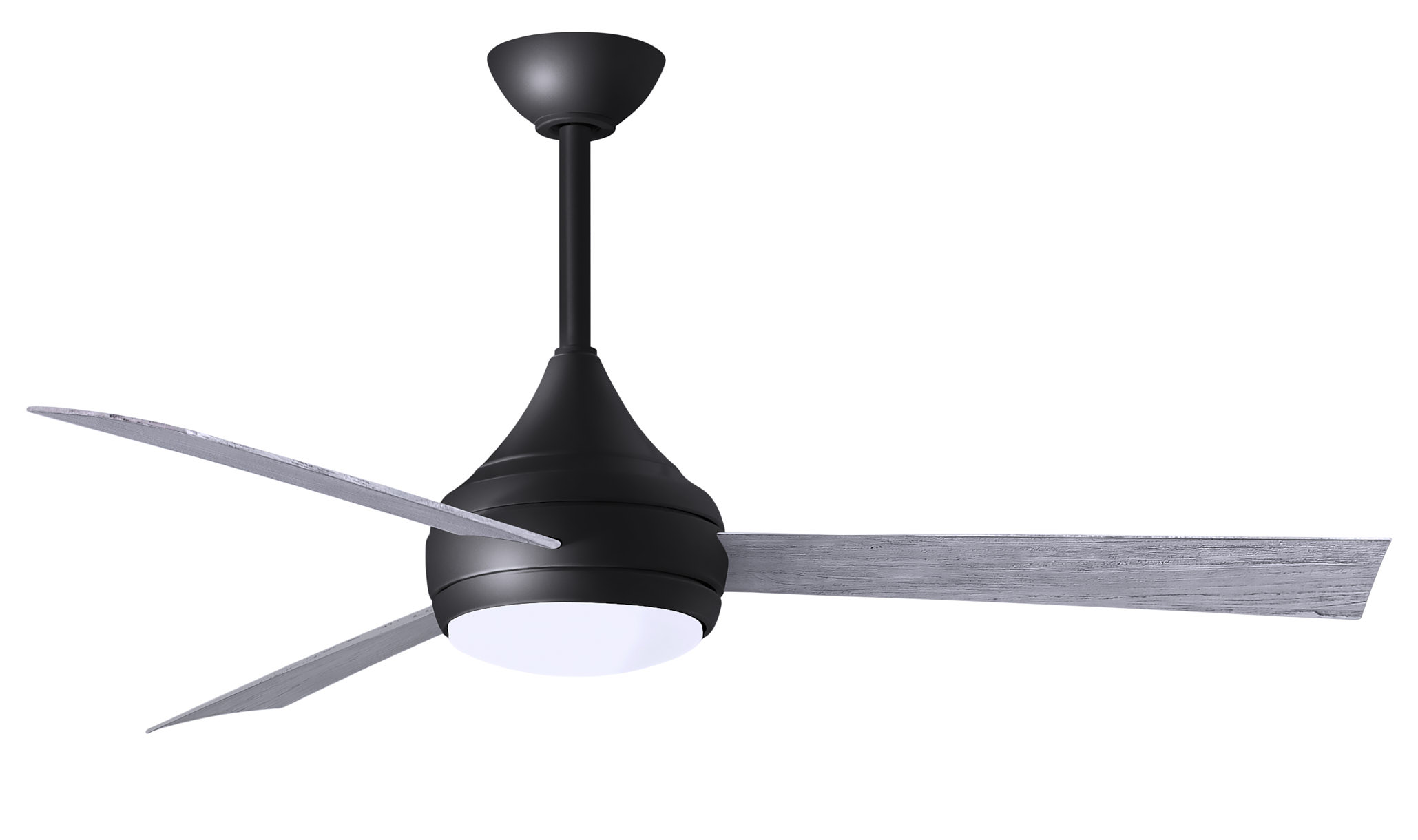 Donaire ceiling fan in Matte Black with Barn Wood blades without light cap manufactured by Matthews Fan Company.