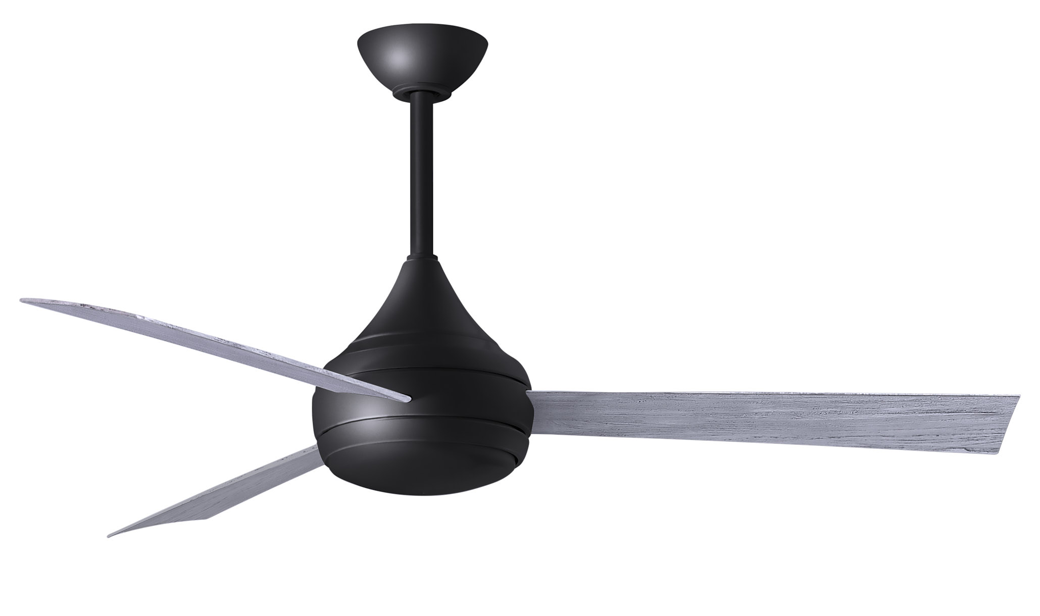Donaire ceiling fan in Matte Black with Barn Wood blades with light cap manufactured by Matthews Fan Company.