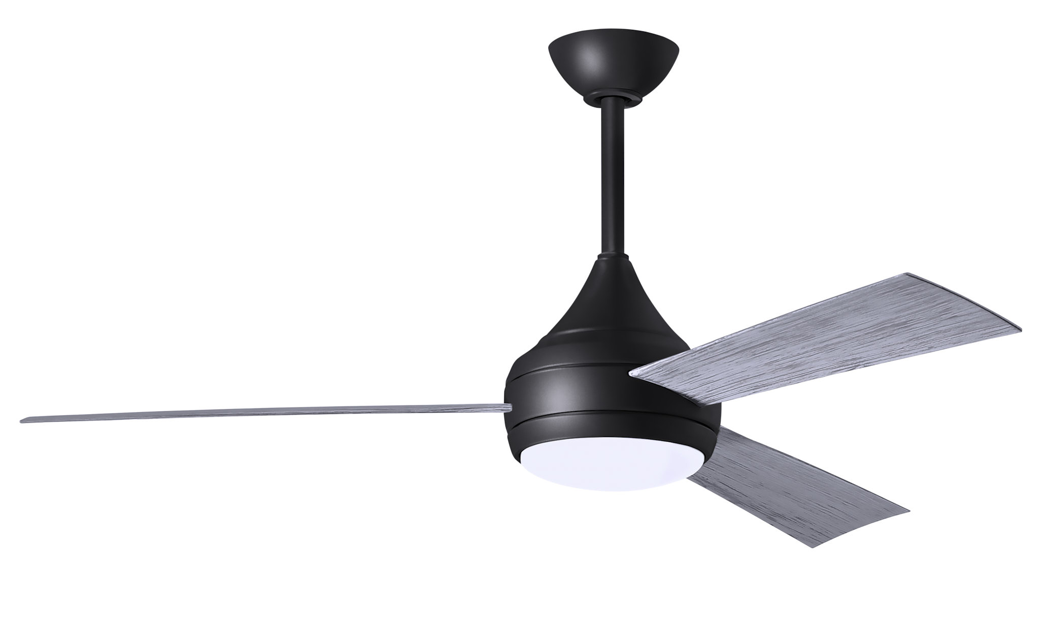 Donaire ceiling fan in Matte Black with Barn Wood blades without light cap manufactured by Matthews Fan Company.