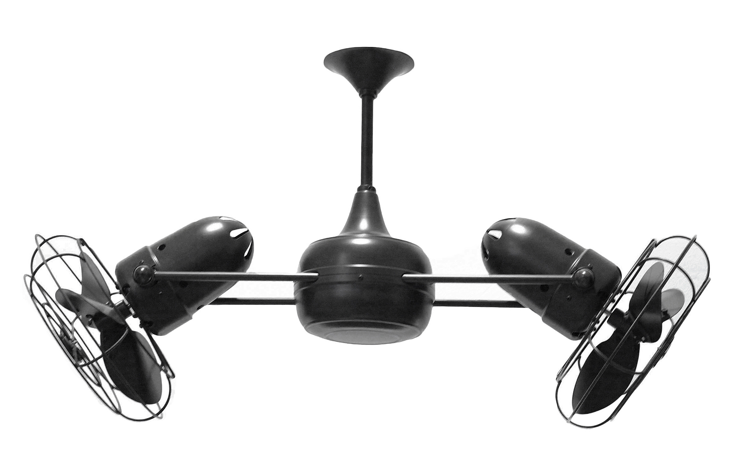 Duplo Dinamico rotational dual head ceiling fan in Black finish with Metal blades made by Matthews Fan Company.