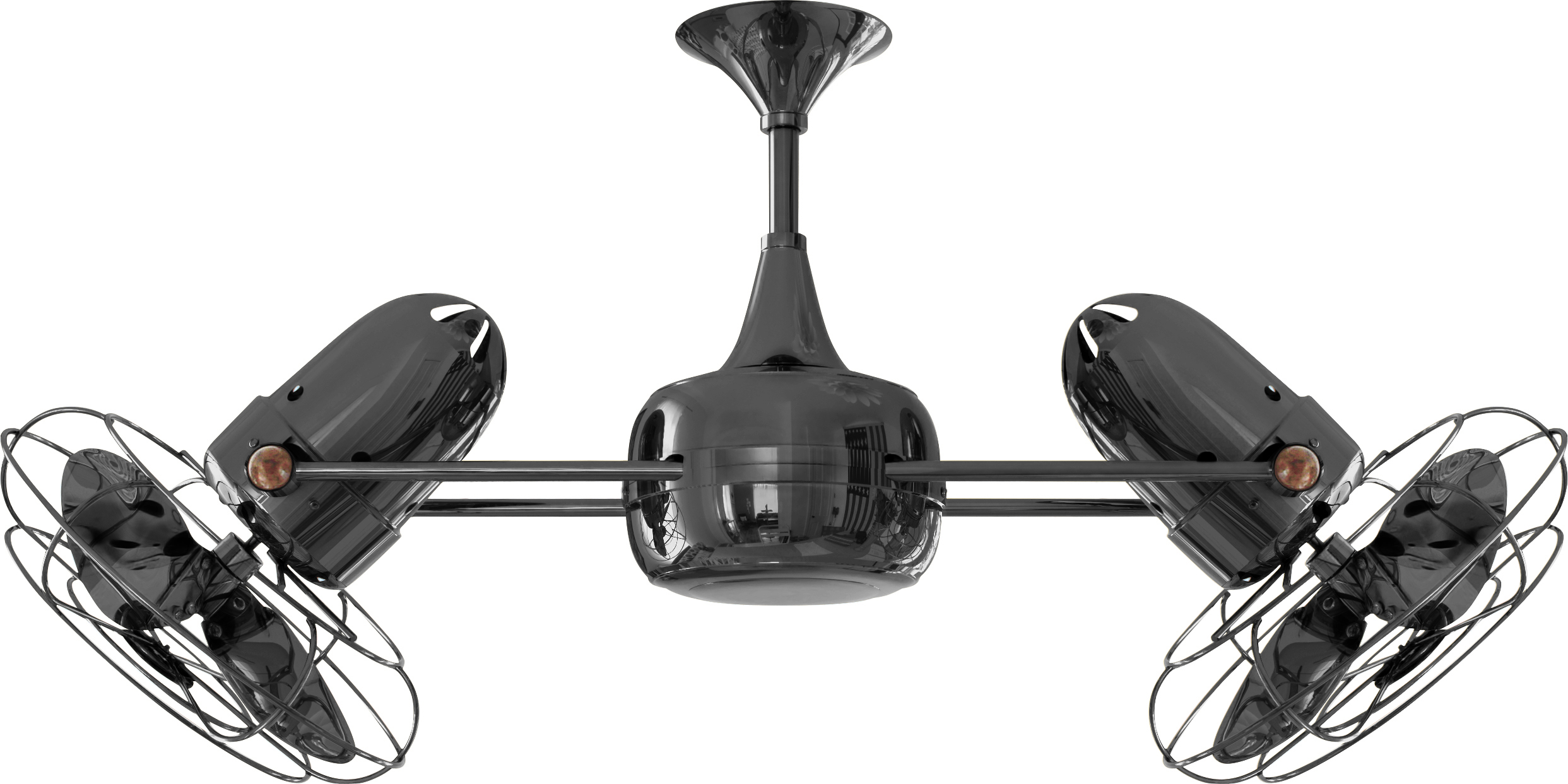 Duplo Dinamico rotational dual head ceiling fan in black nickel finish with Metal blades made by Matthews Fan Company.