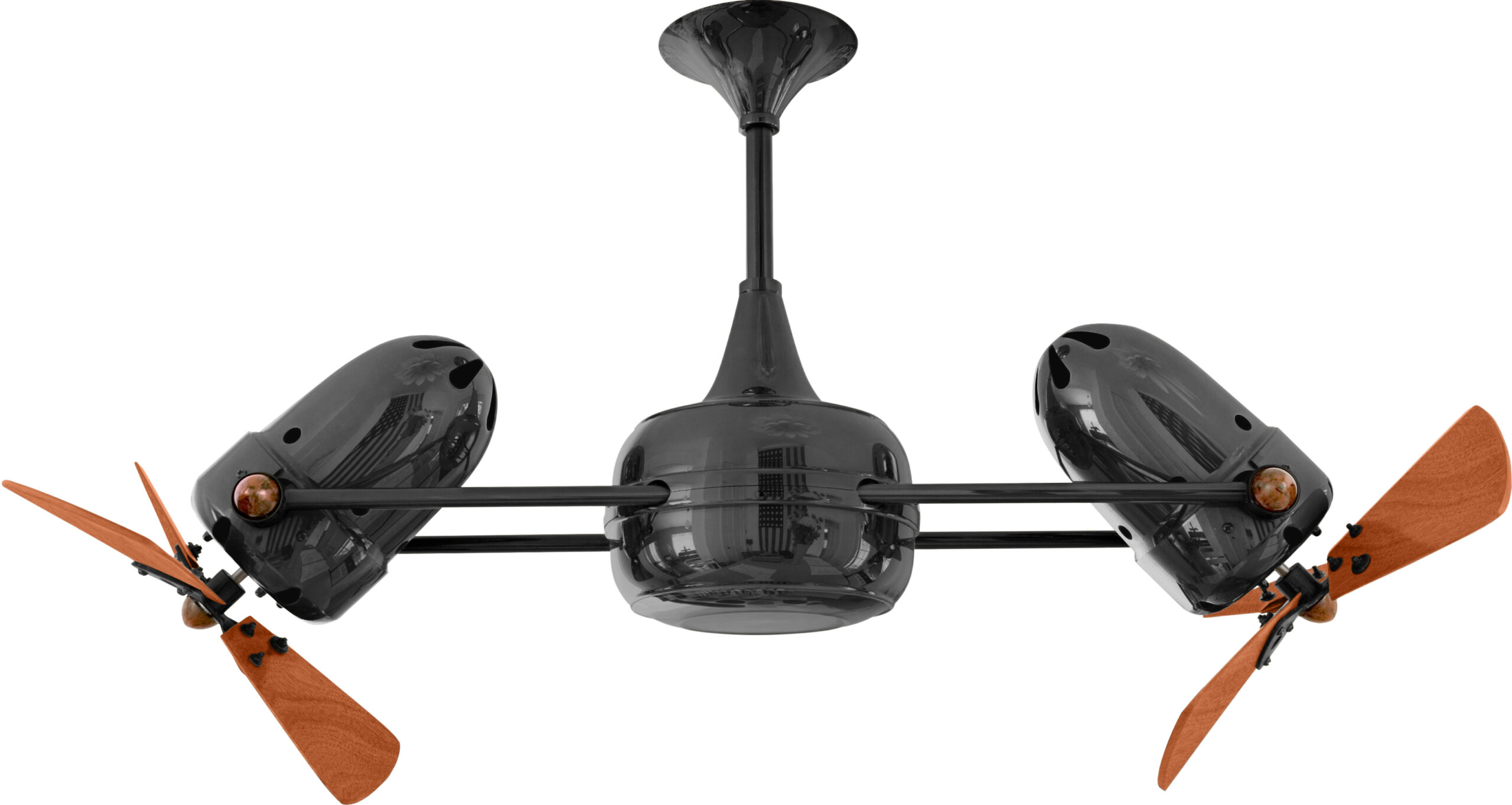 Duplo Dinamico rotational dual head ceiling fan in black nickel finish with solid mahogany wood blades made by Matthews Fan Company.