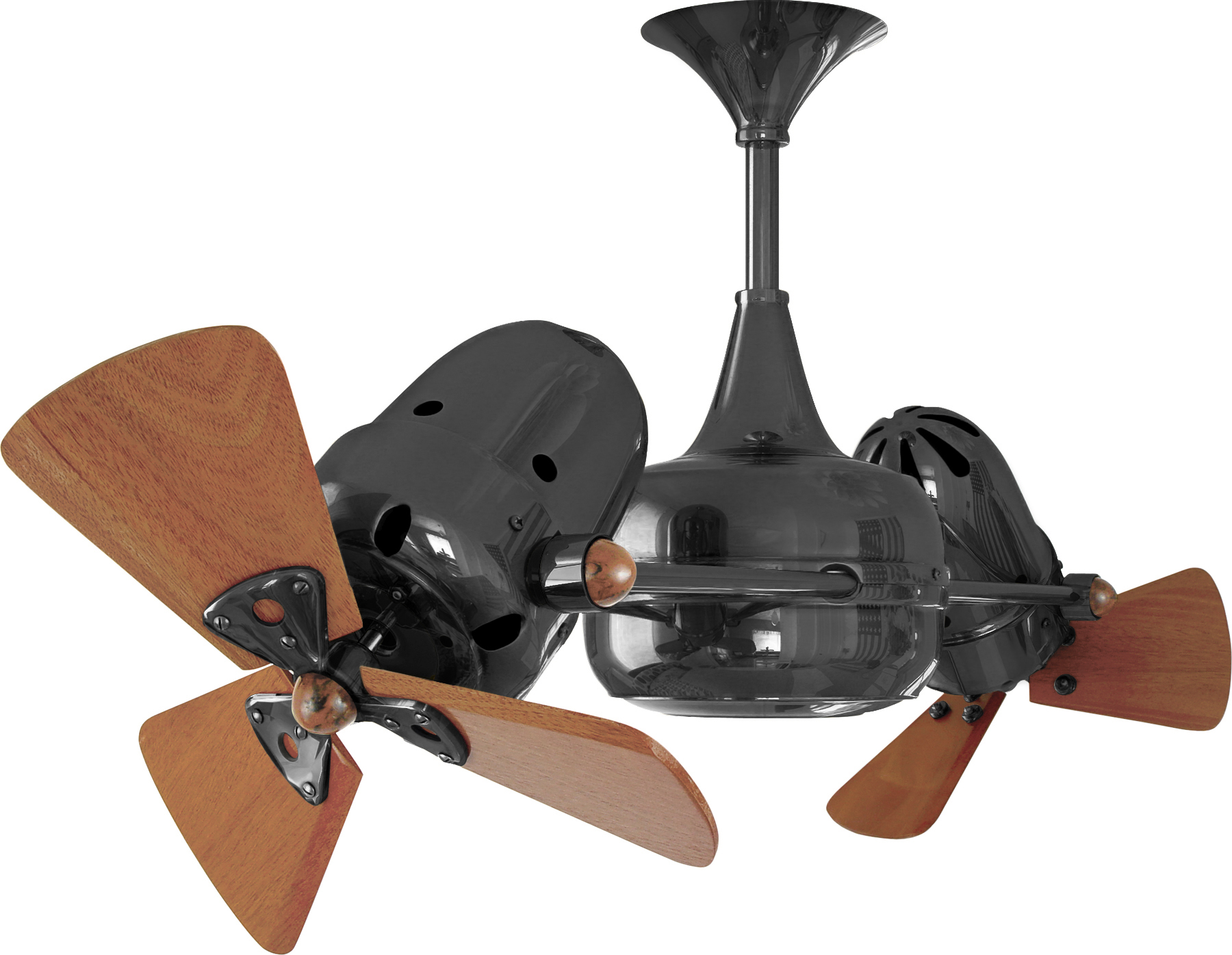 Duplo Dinamico rotational dual head ceiling fan in black nickel finish with solid mahogany wood blades made by Matthews Fan Company.